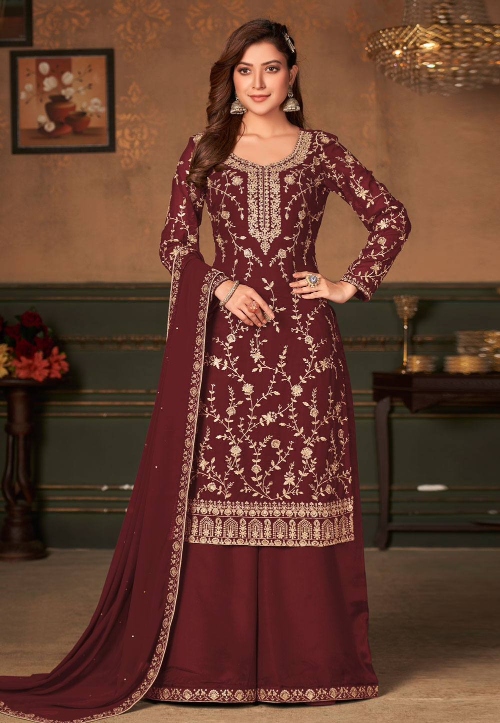 Maroon Faux Georgette Kameez With Palazzo 242622