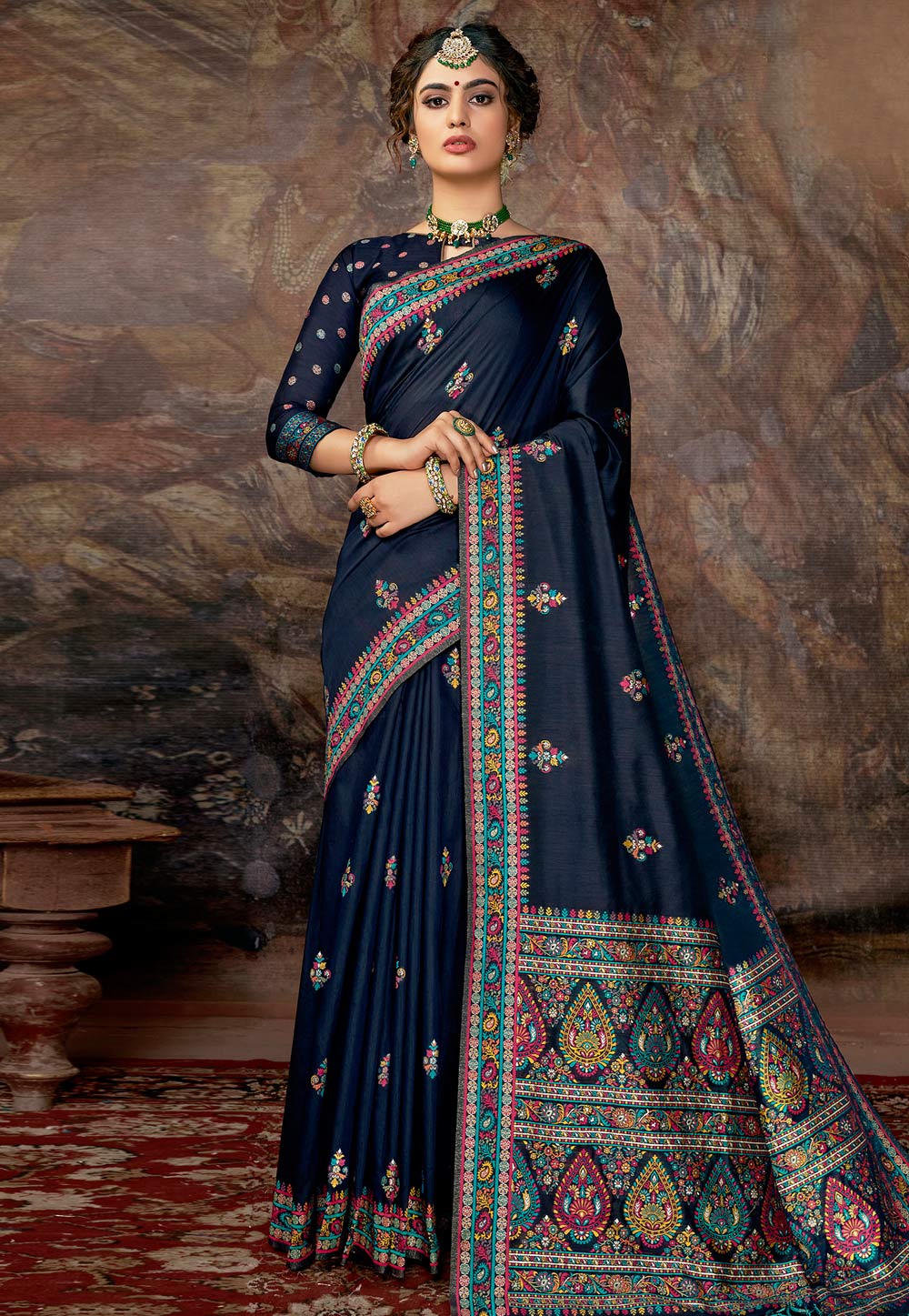Navy Blue Banarasi Silk Festival Wear Saree 213702