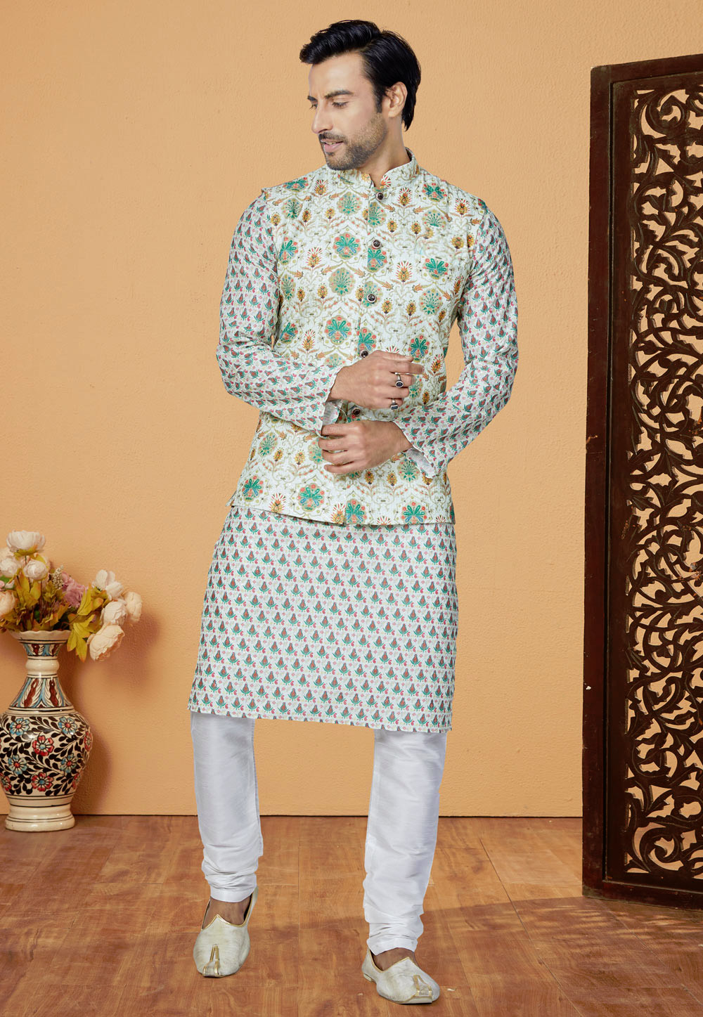 Green Polyester Kurta Pajama With Jacket 269044