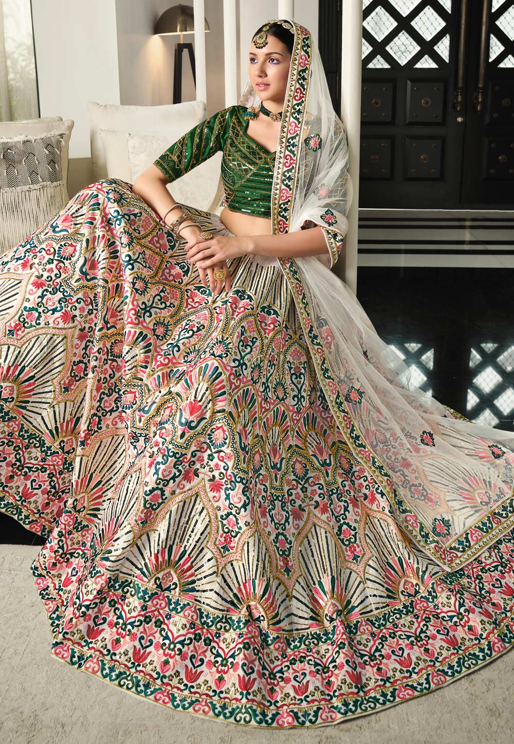 Off White And Coral Pink Georgette Designer Wear Lehenga Choli | Latest  chaniya choli design for marriage, Lehenga designs latest, Function dresses