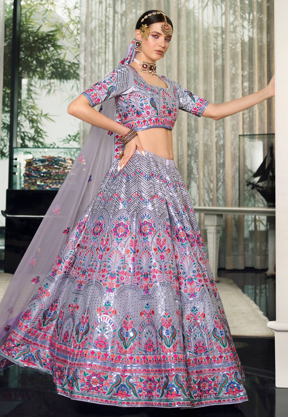Net grey color Lehenga & Choli with Resham Embroidery Sequince and Net  Dupatta with Embroidered Border