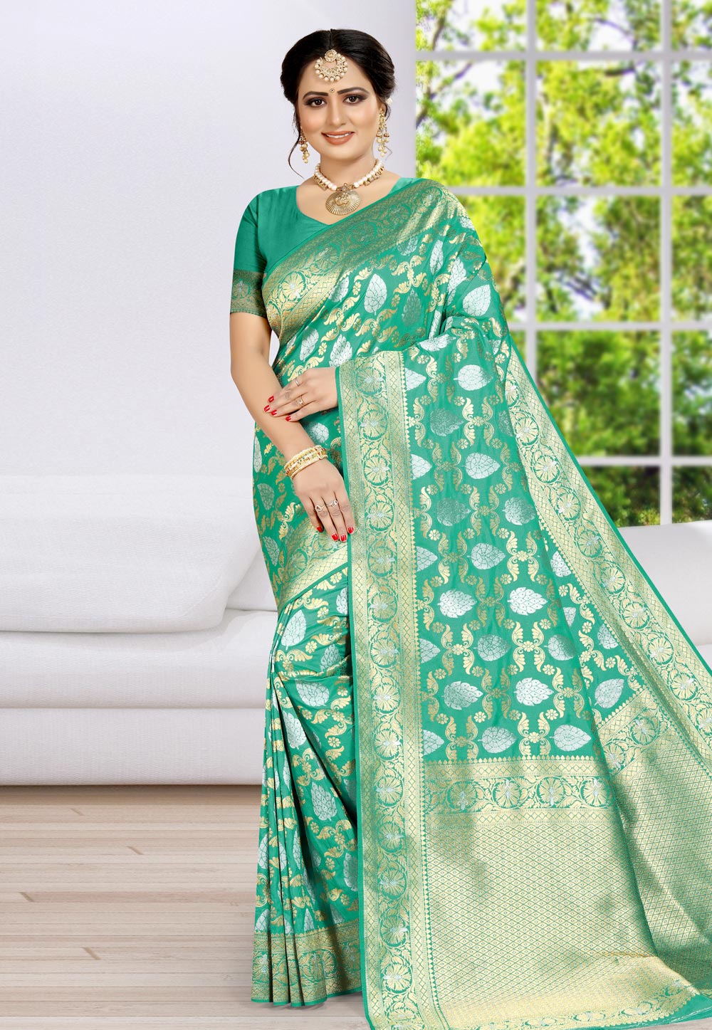 Turquoise Banarasi Silk Festival Wear Saree 203487