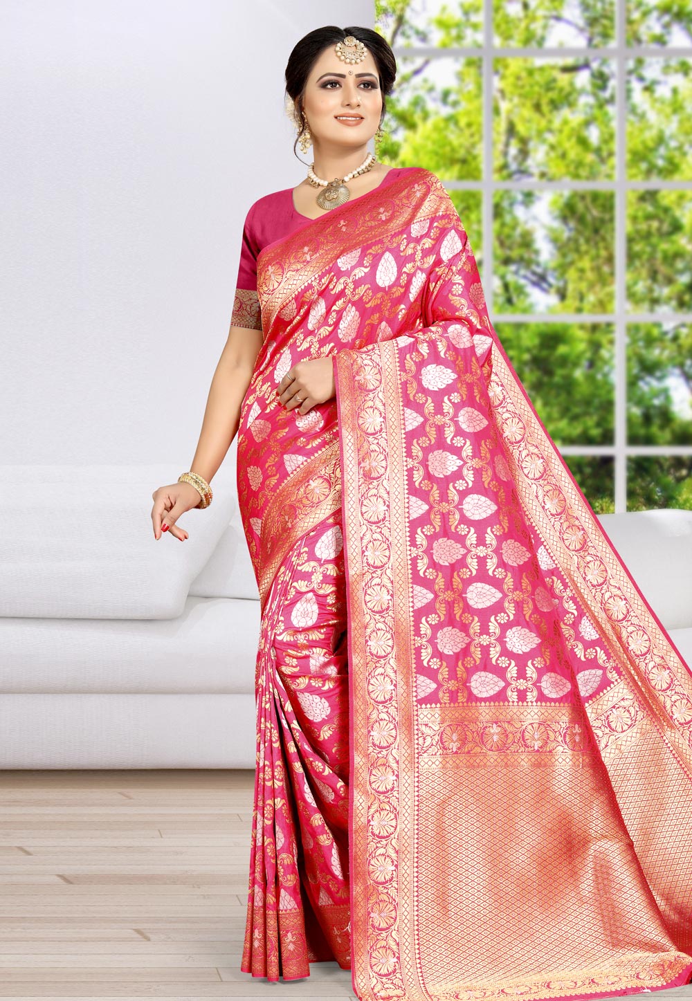 Pink Banarasi Silk Saree With Blouse 203488