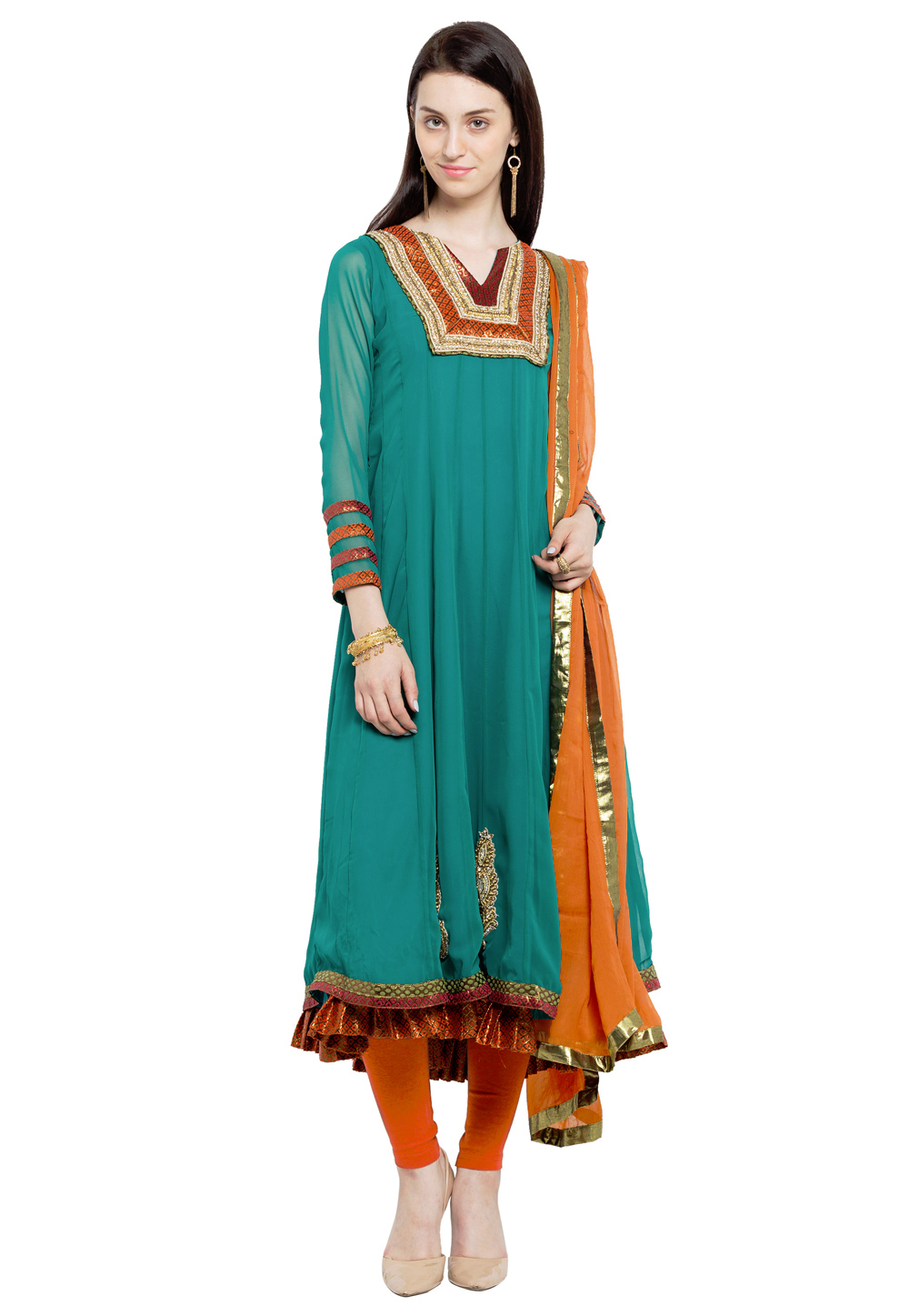 Turquoise Blue Faux Georgette Readymade Anarkali Suit 172675