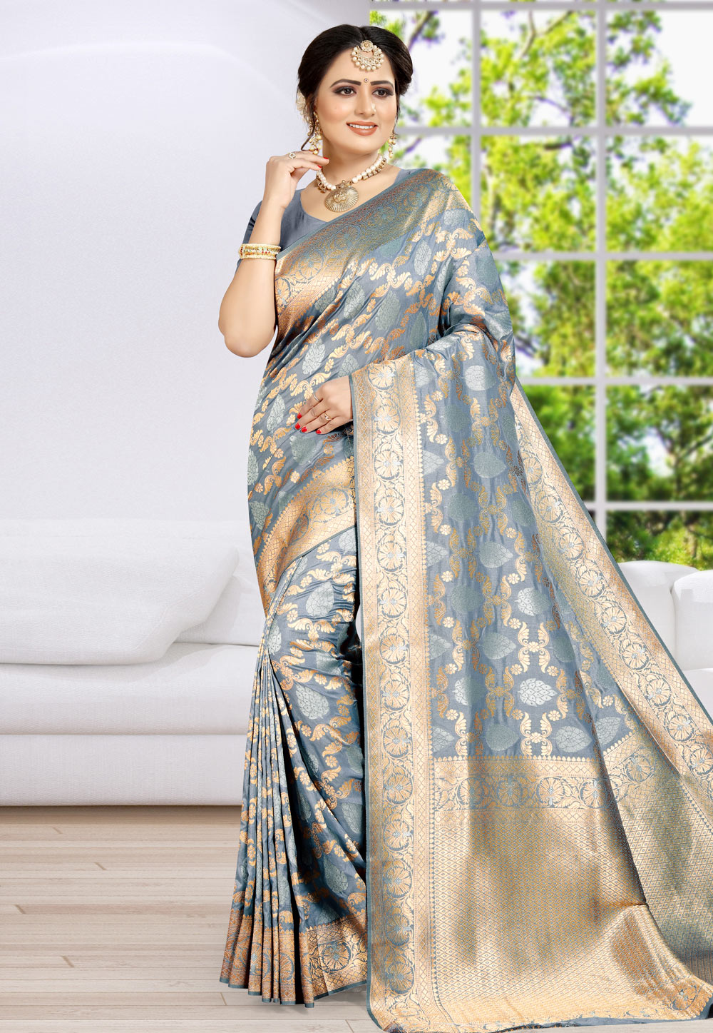 Grey Banarasi Silk Saree With Blouse 203492