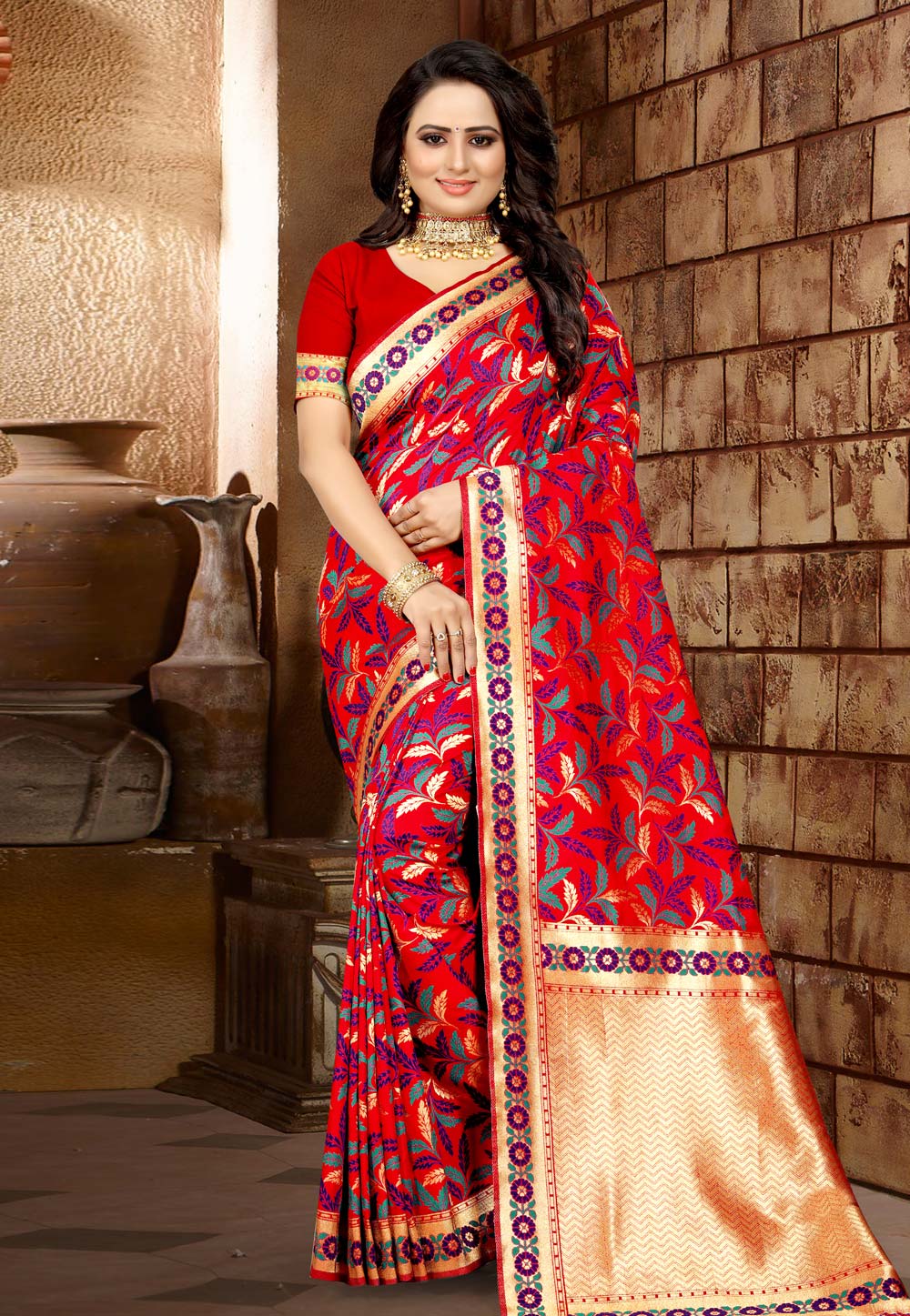 Red Banarasi Silk Festival Wear Saree 203493