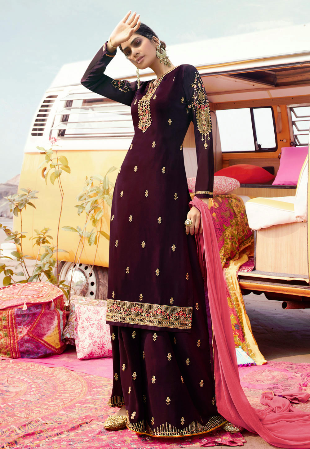 Purple Georgette Embroidered Kameez With Palazzo 216825