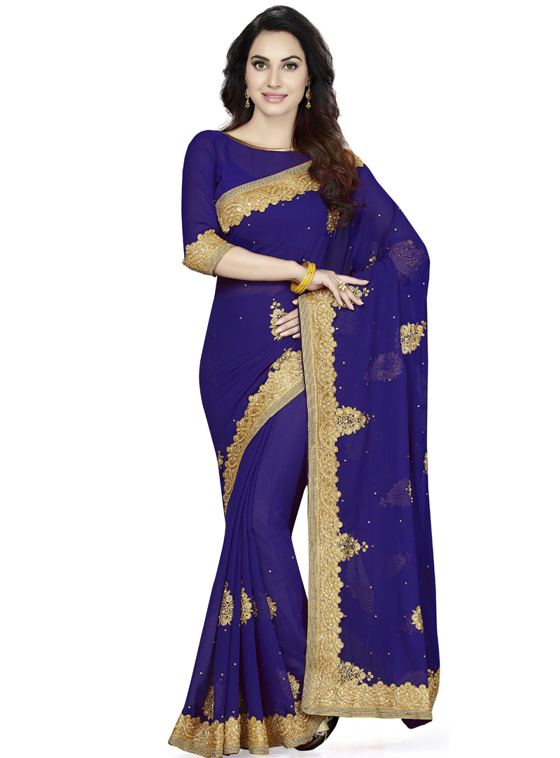 Royal Blue Faux Georgette Embroidery Work Saree 102985