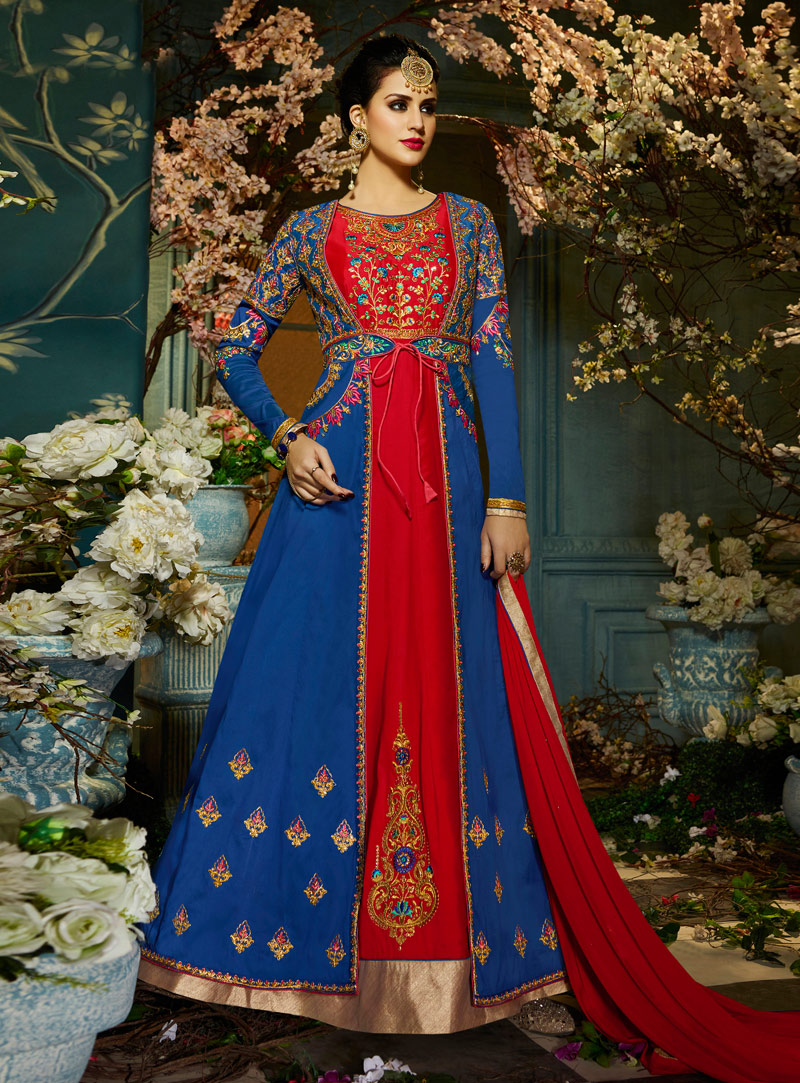 Red Taffeta Silk Designer Long Anarkali Suit 121871
