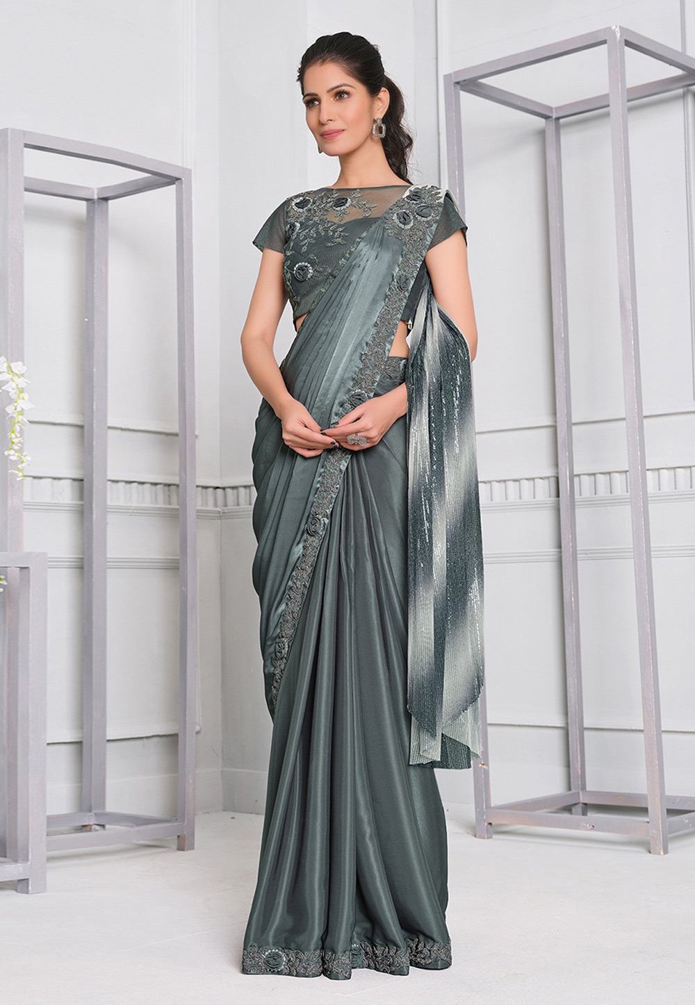 Grey Silk Georgette Saree With Blouse 244743