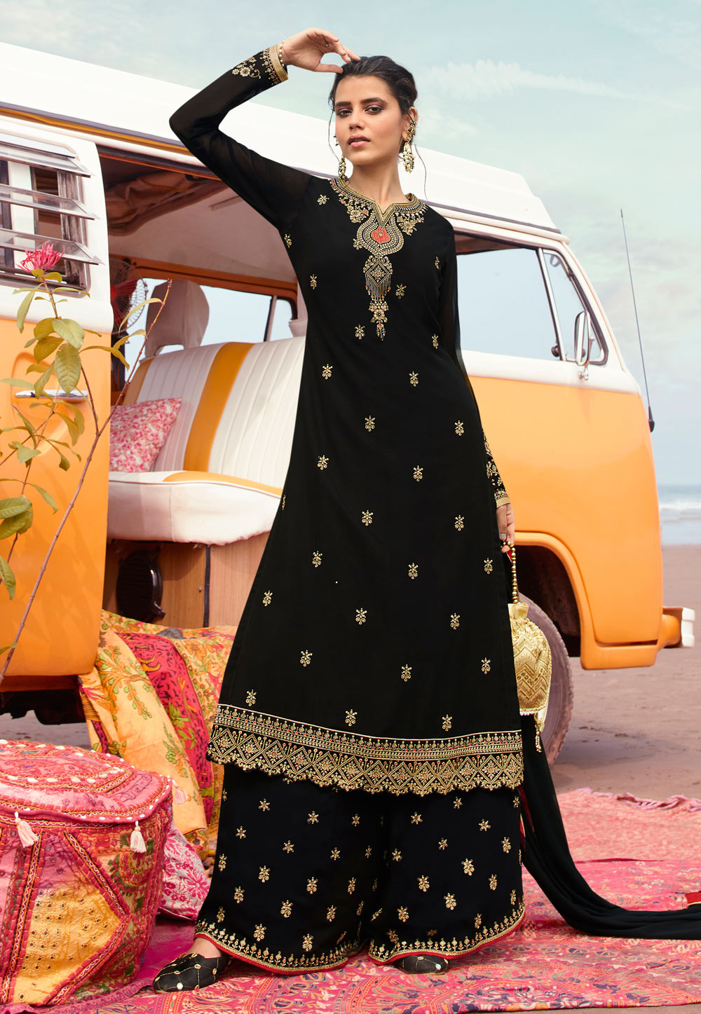 Black Georgette Embroidered Kameez With Palazzo 216827