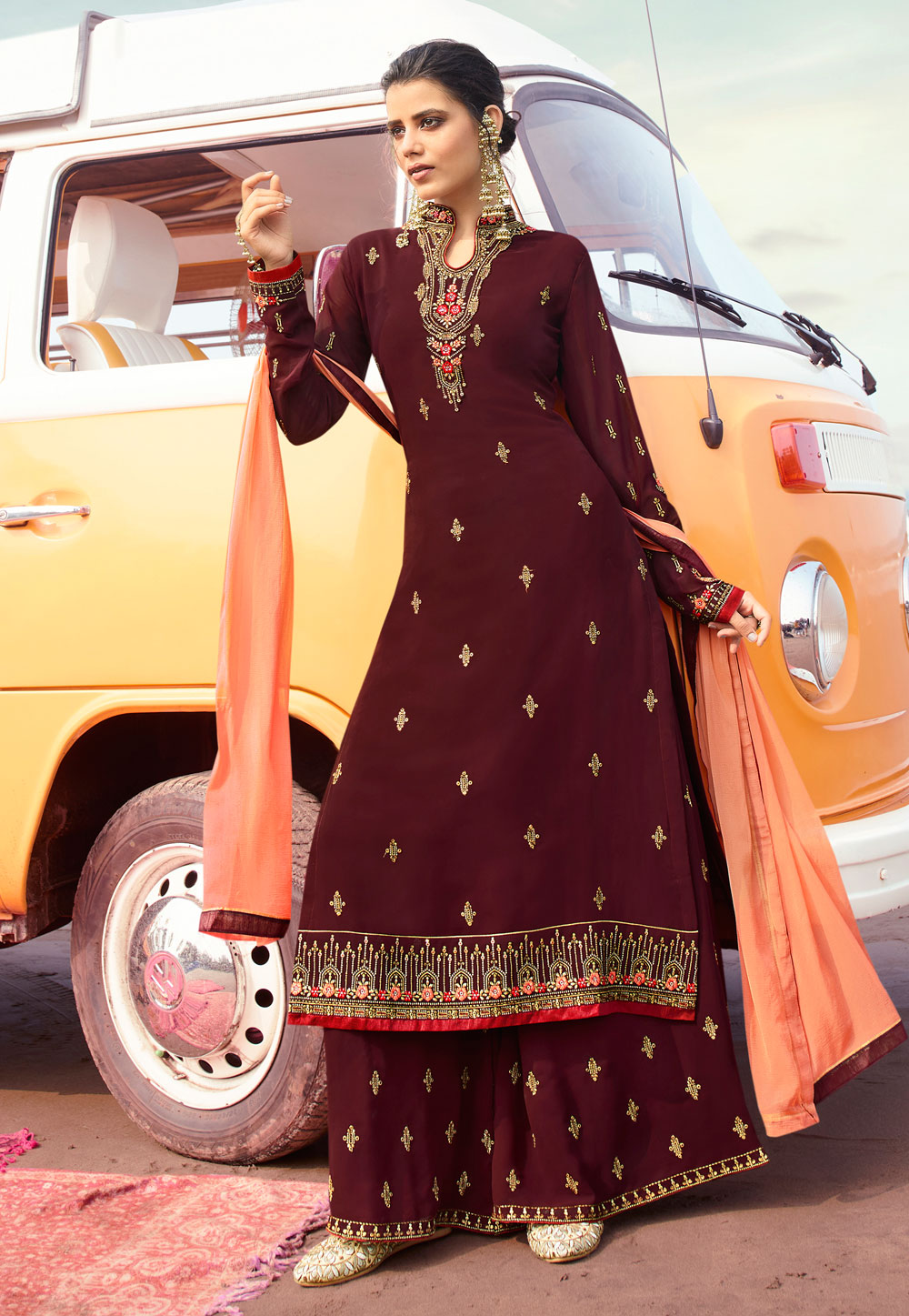 Maroon Georgette Embroidered Palazzo Suit 216828