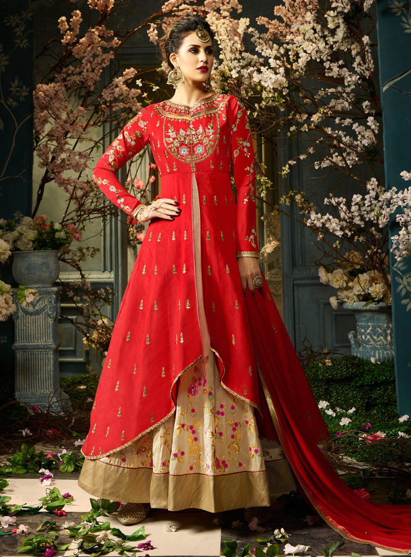 Red Taffeta Silk Designer Long Anarkali Suit 121874