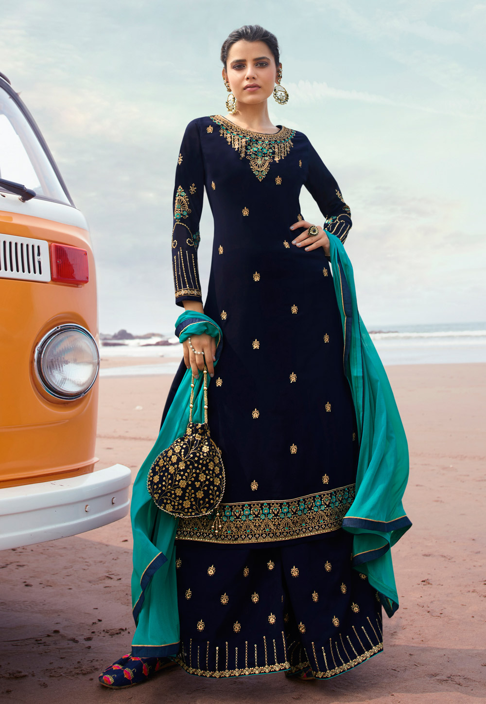 Navy Blue Georgette Embroidered Kameez With Palazzo 216829