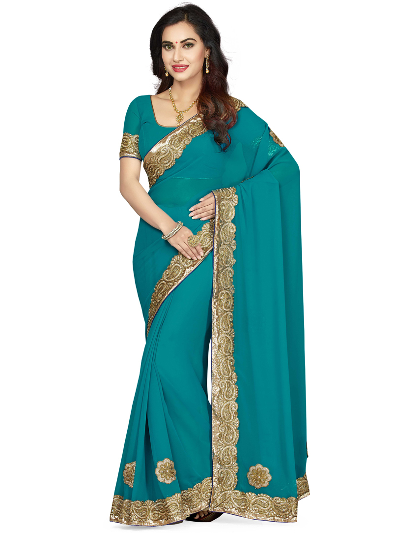Teal Faux Georgette Saree With Blouse 94258