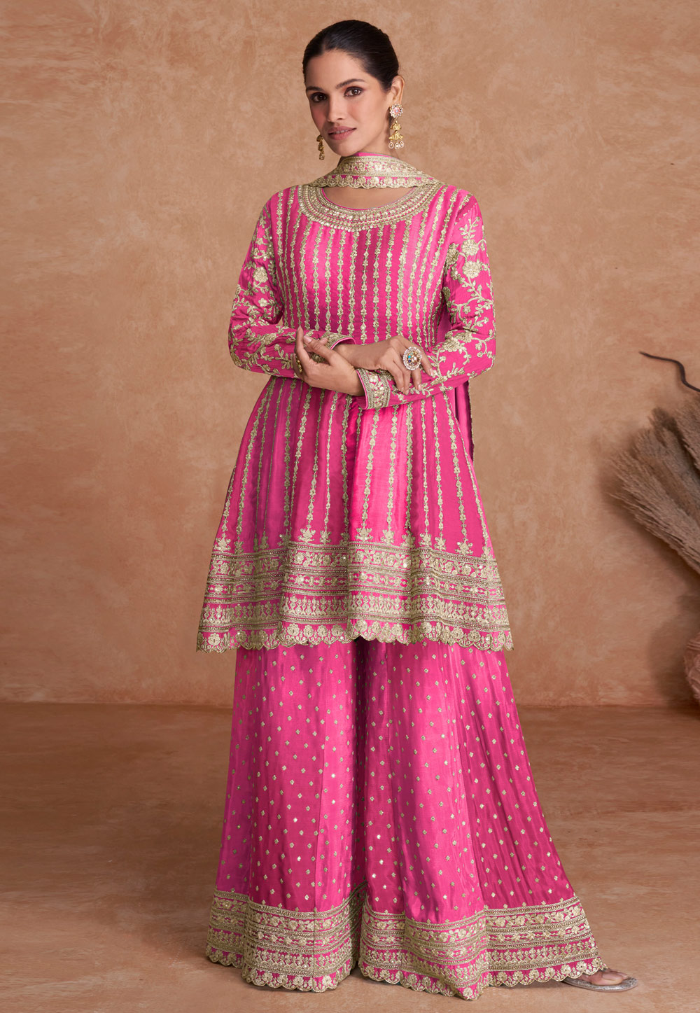 Pink Chinon Embroidered Palazzo Suit 269961