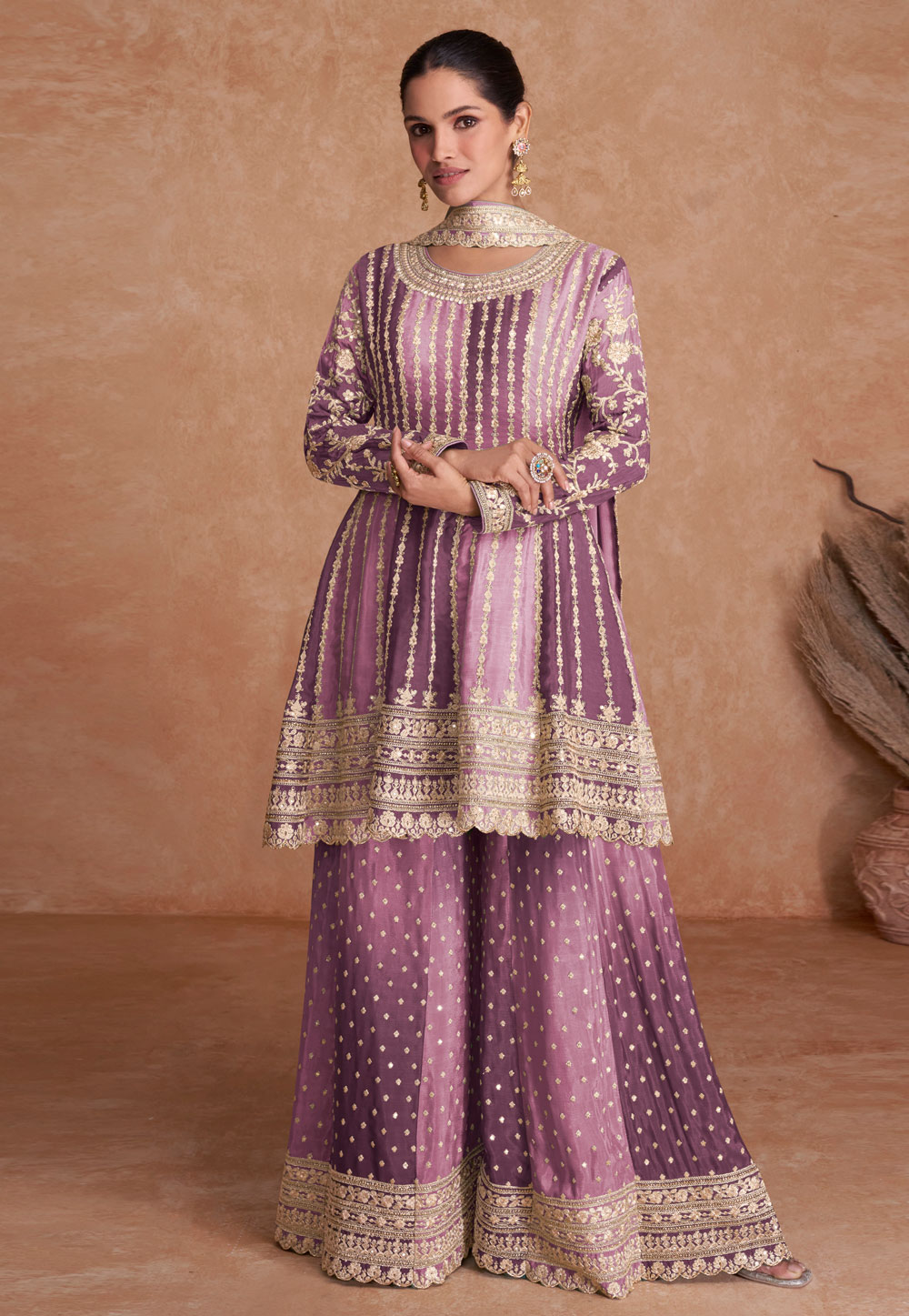 Lavender Chinon Embroidered Palazzo Suit 269965