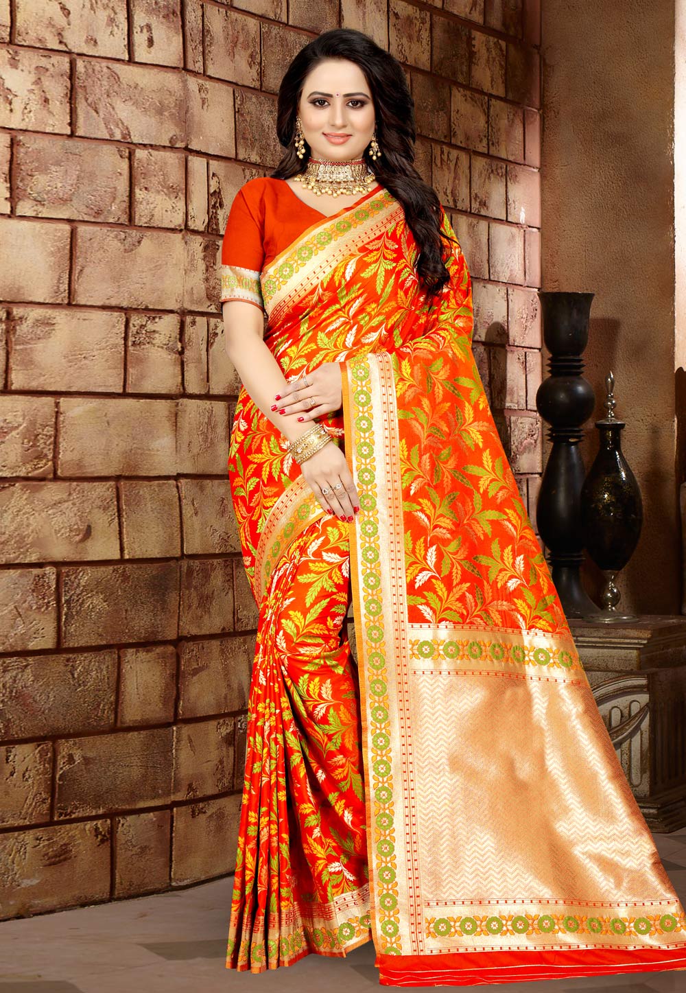 Orange Banarasi Silk Festival Wear Saree 203497