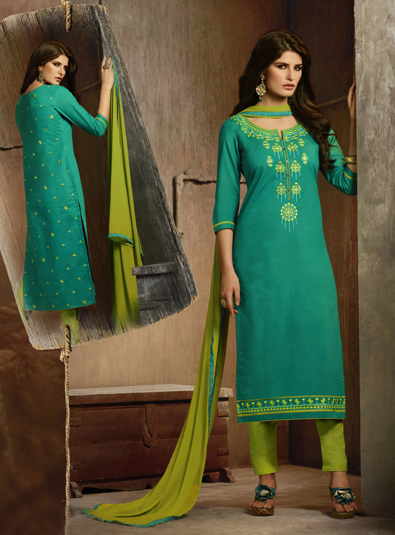 Green Cotton Pakistani Style Suit 94331