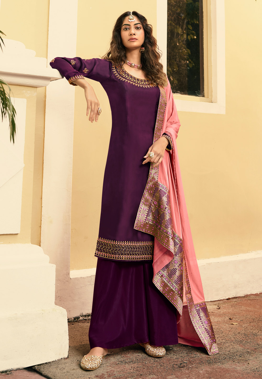 Purple Satin Georgette Palazzo Suit 219809