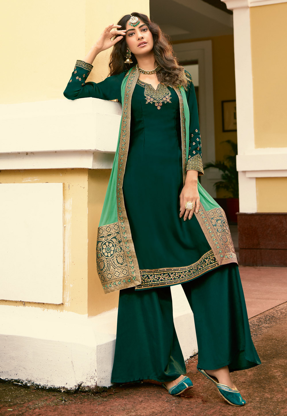 Green Satin Georgette Kameez With Palazzo 219810