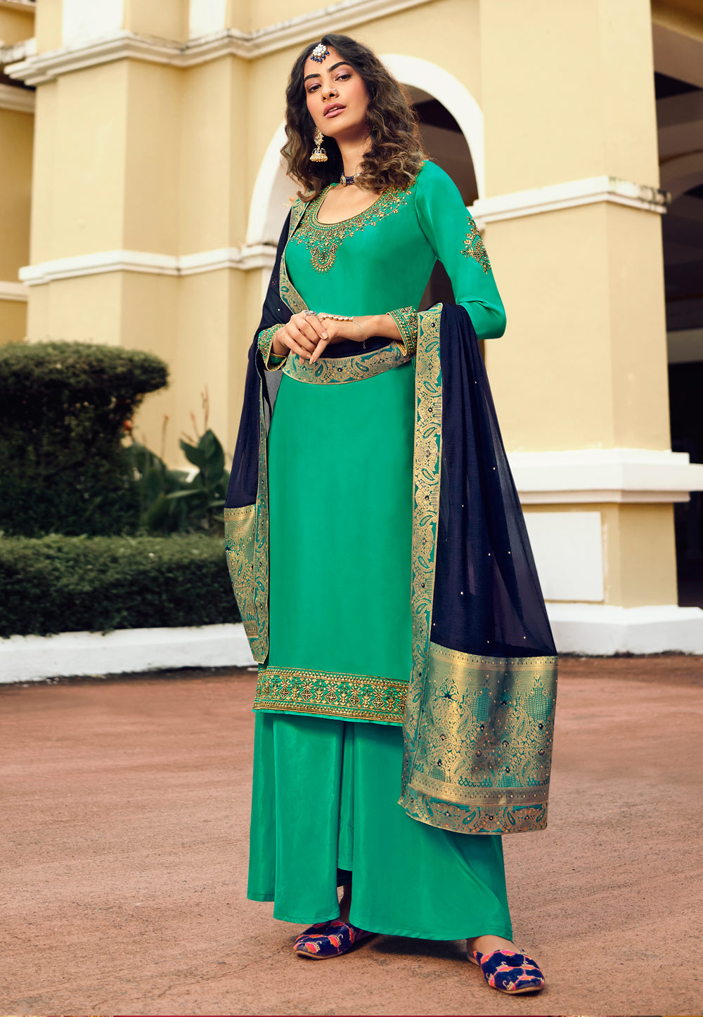 Green Satin Georgette Kameez With Palazzo 219812