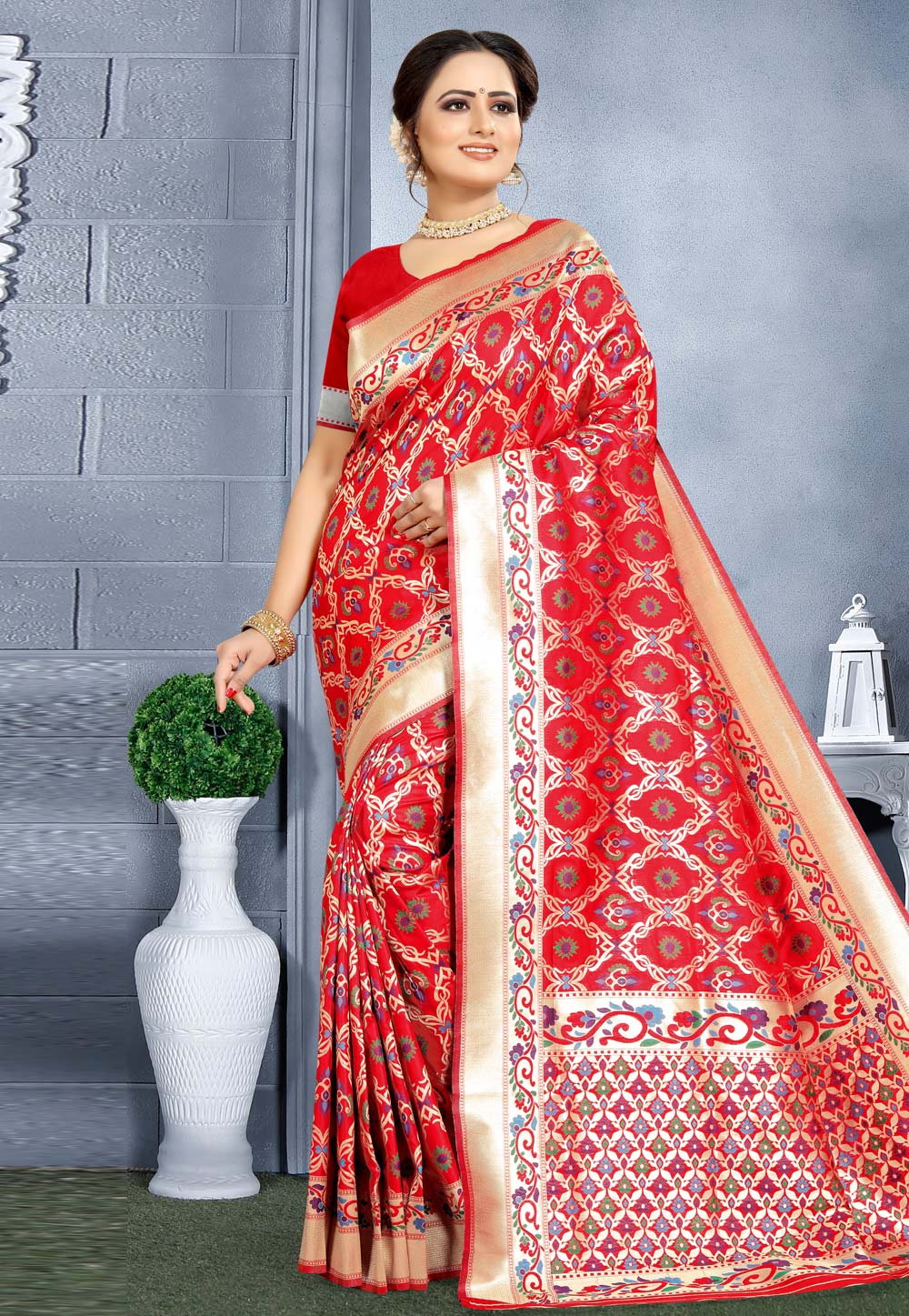 Red Banarasi Silk Saree With Blouse 203843