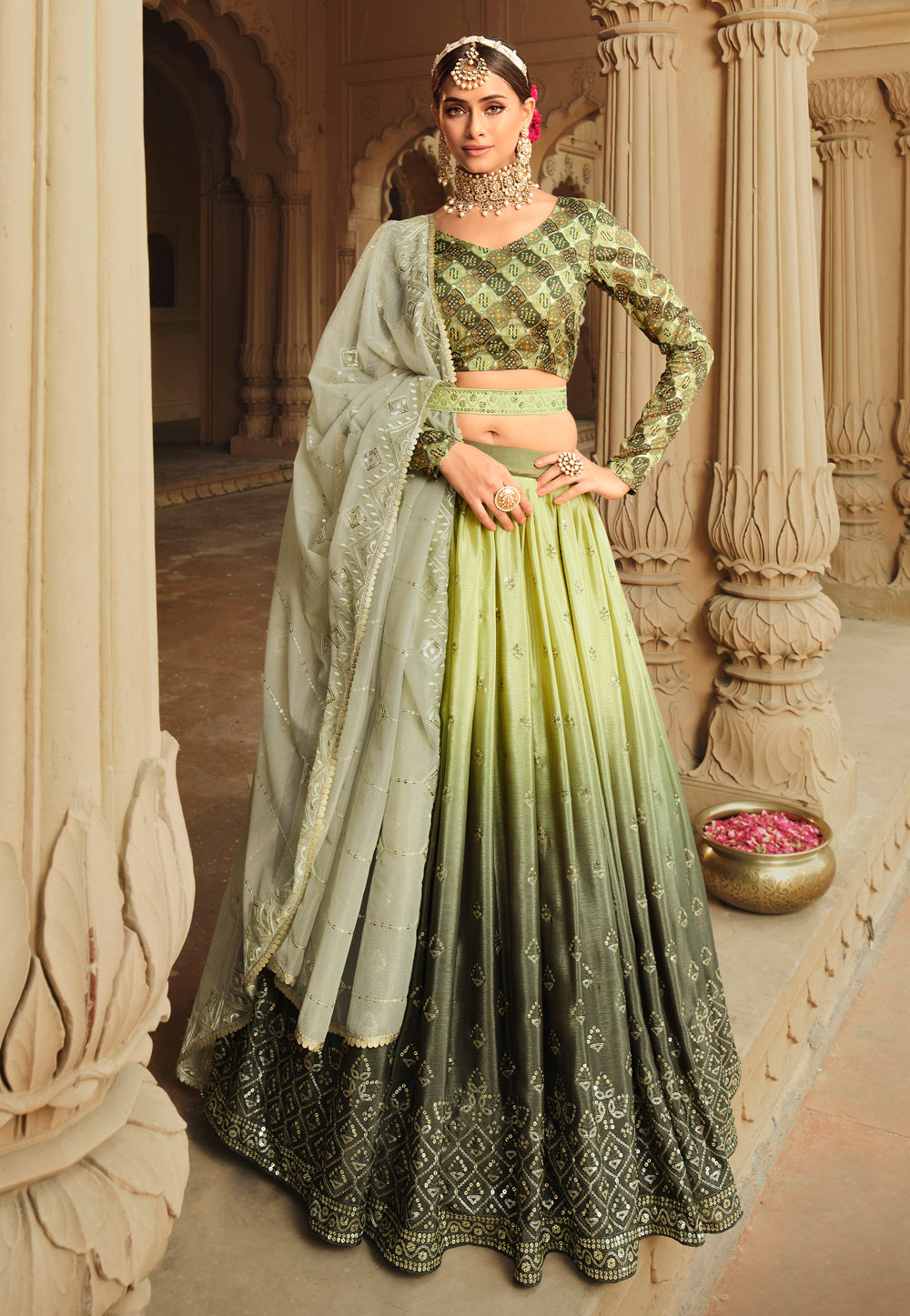 Smashing Olive Green Metalic Foil Work Designer Bollywood Lehenga Choli at  Rs 4995 | ब्राइडल लहंगा चोली in Surat | ID: 21456581397