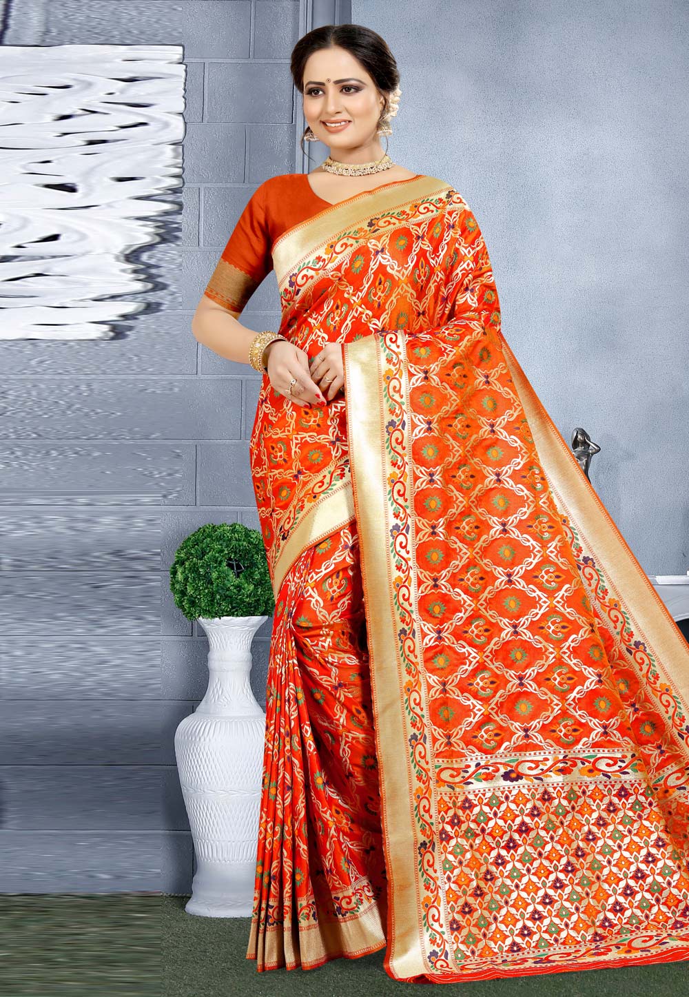 Orange Banarasi Silk Festival Wear Saree 203844
