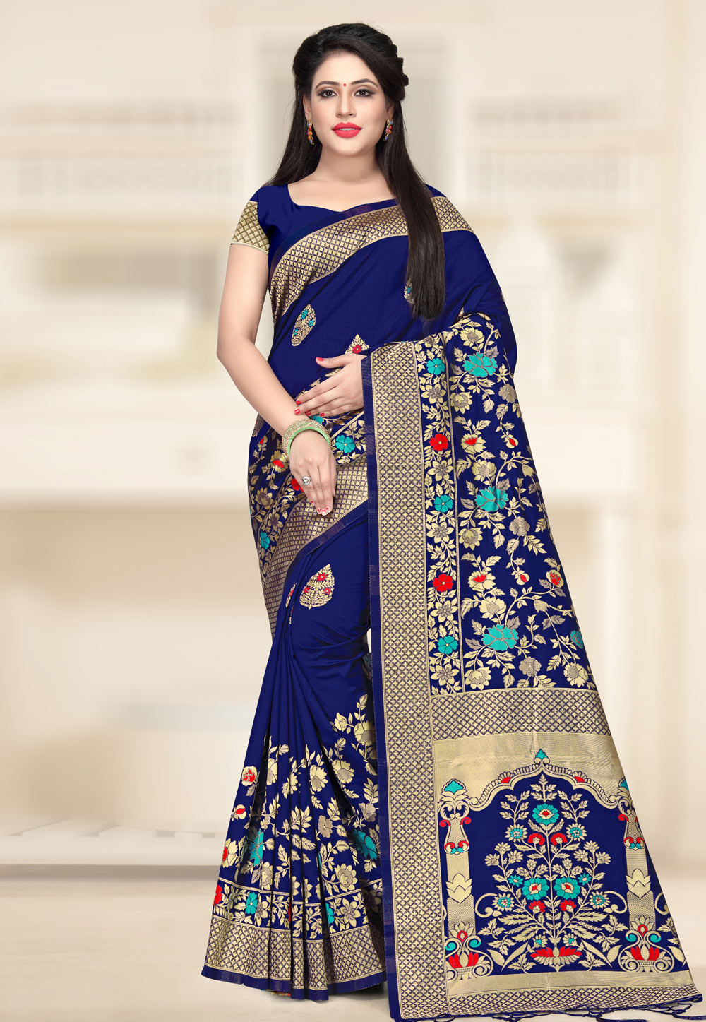 Blue Banarasi Silk Saree With Blouse 161861