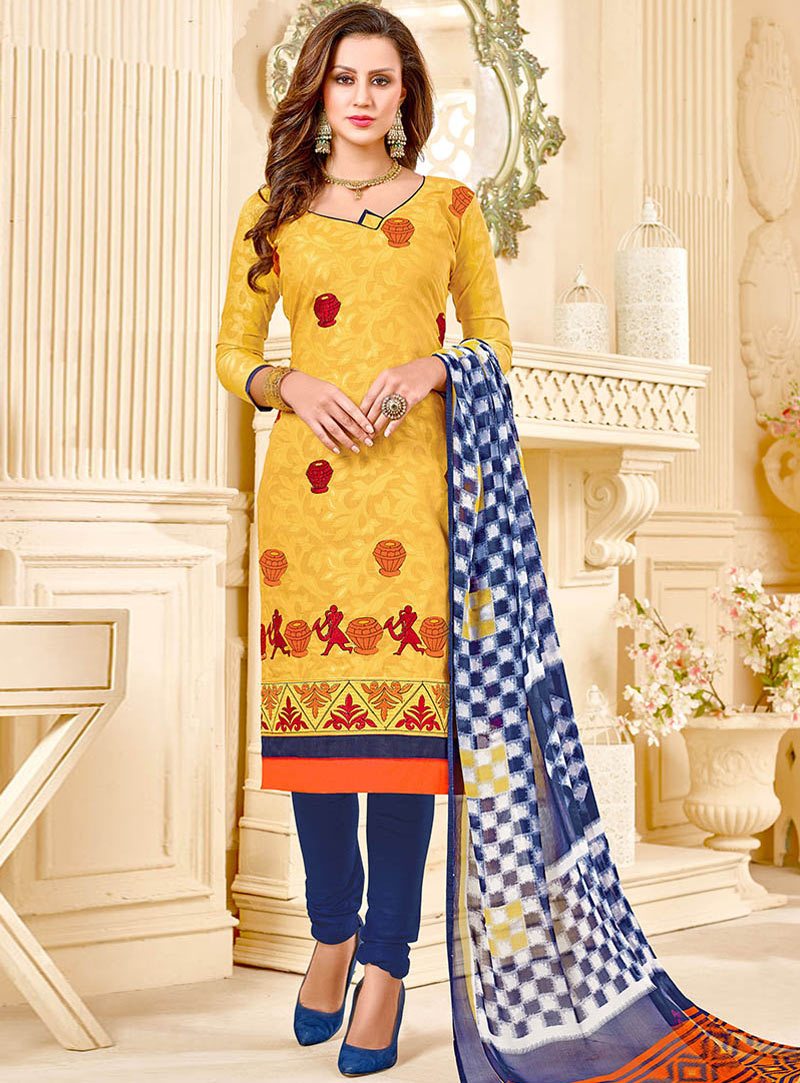 Yellow Cotton Churidar Salwar Suit 89432