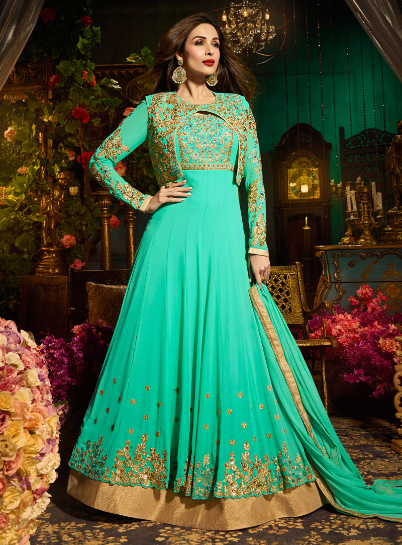 Malaika Arora Turquoise Faux Georgette Floor Length Anarkali Suit 126926