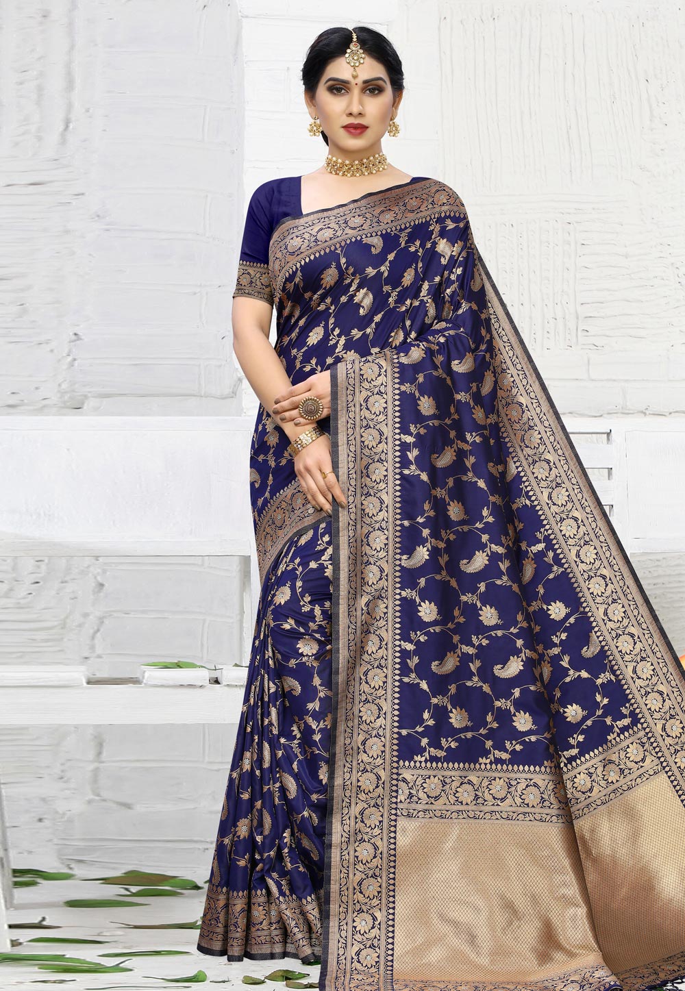Navy Blue Banarasi Silk Saree With Blouse 203853
