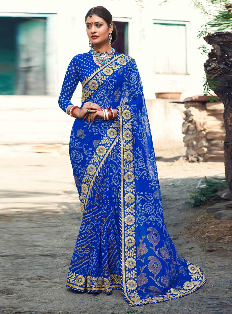 Blue Georgette Printed Saree With Blouse 89774