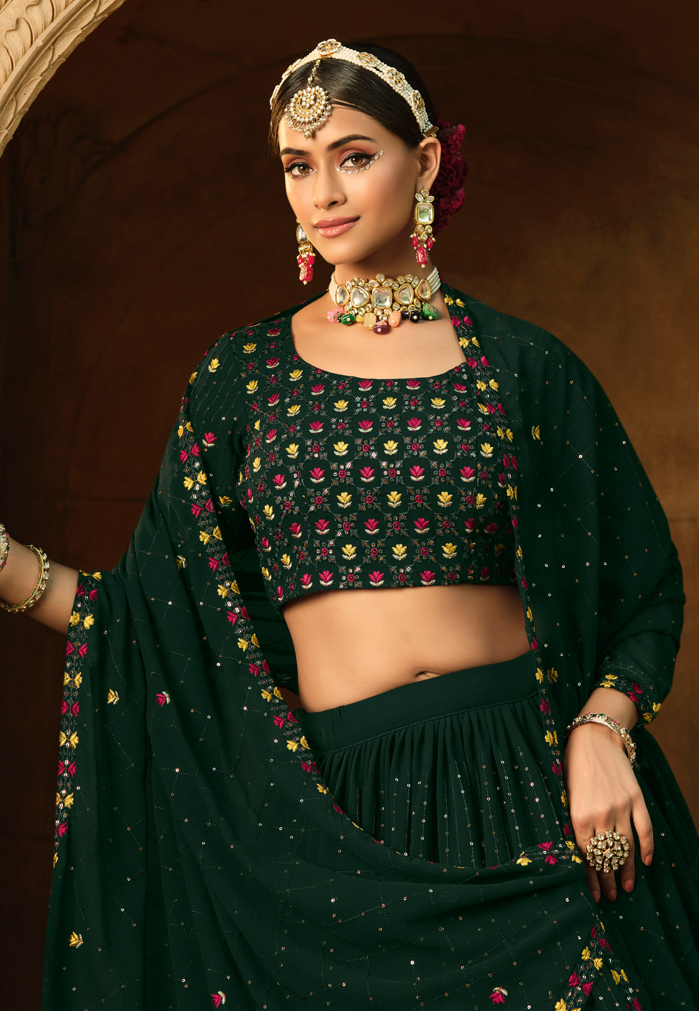 Haritha, elegant pink and green shade flower jewellery for Haldi / Meh –  www.soosi.co.in