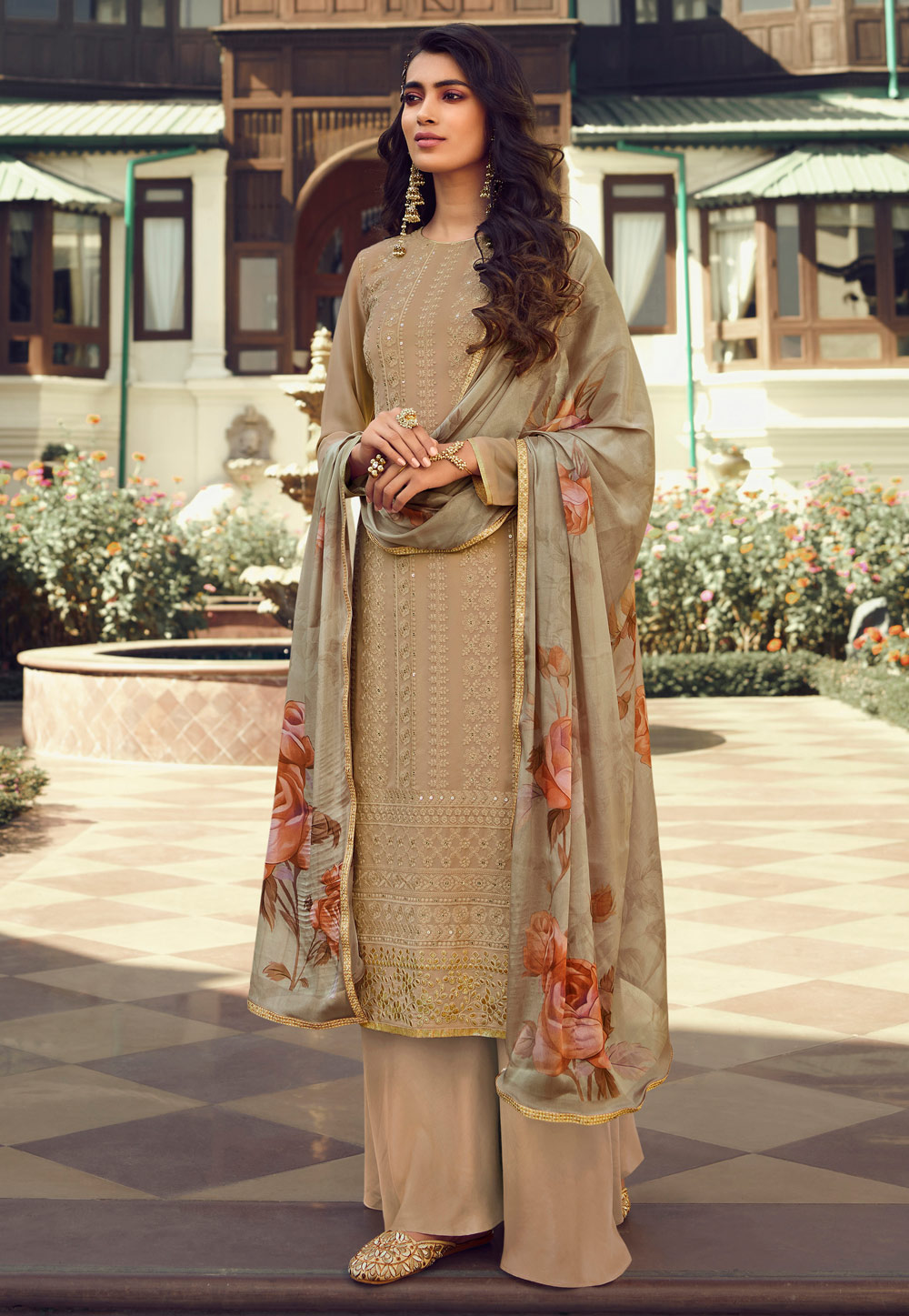 Beige Georgette Palazzo Suit 222383