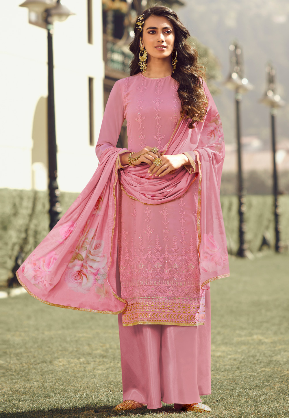 Pink Georgette Palazzo Suit 222385
