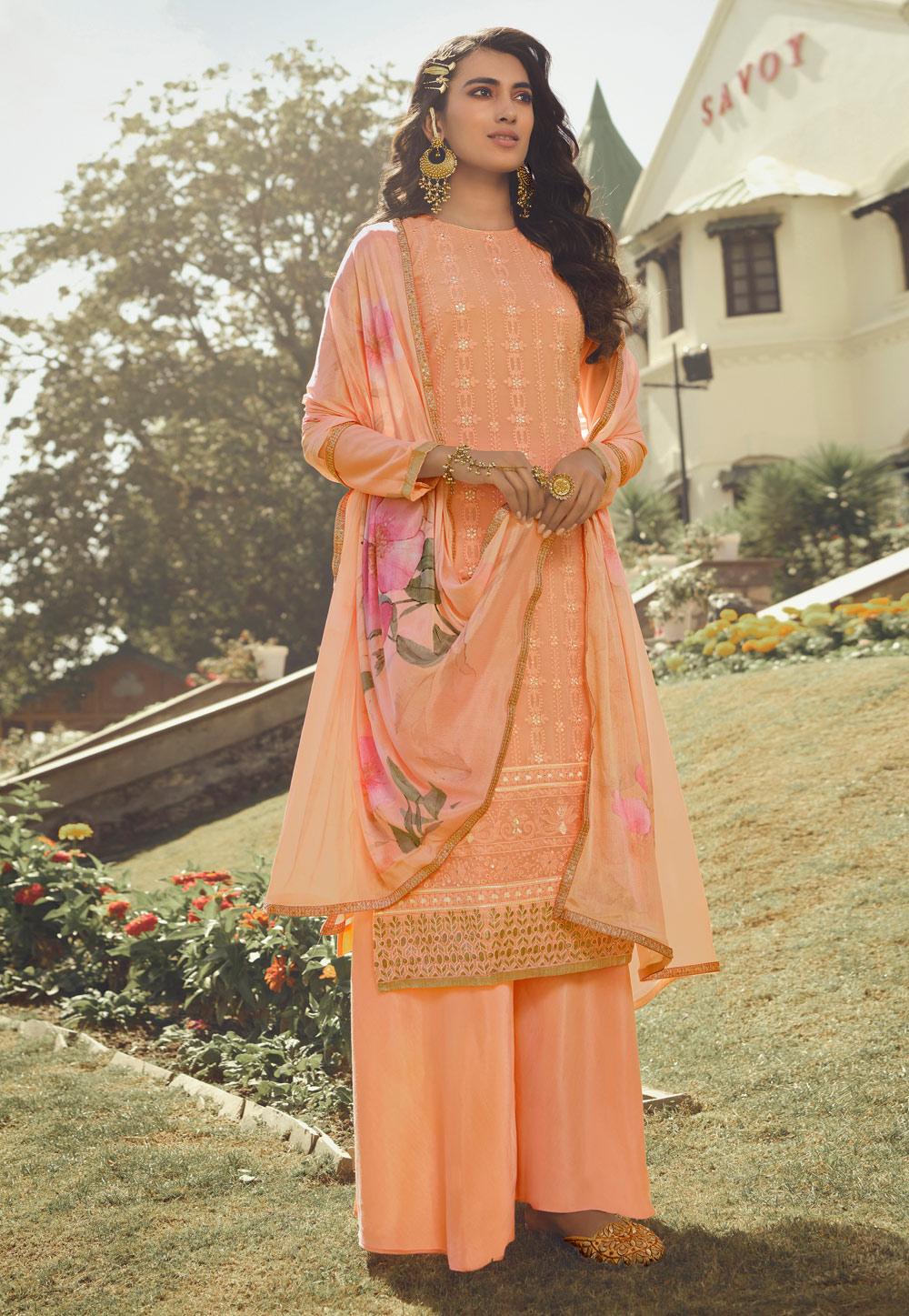 Peach Georgette Palazzo Suit 222387