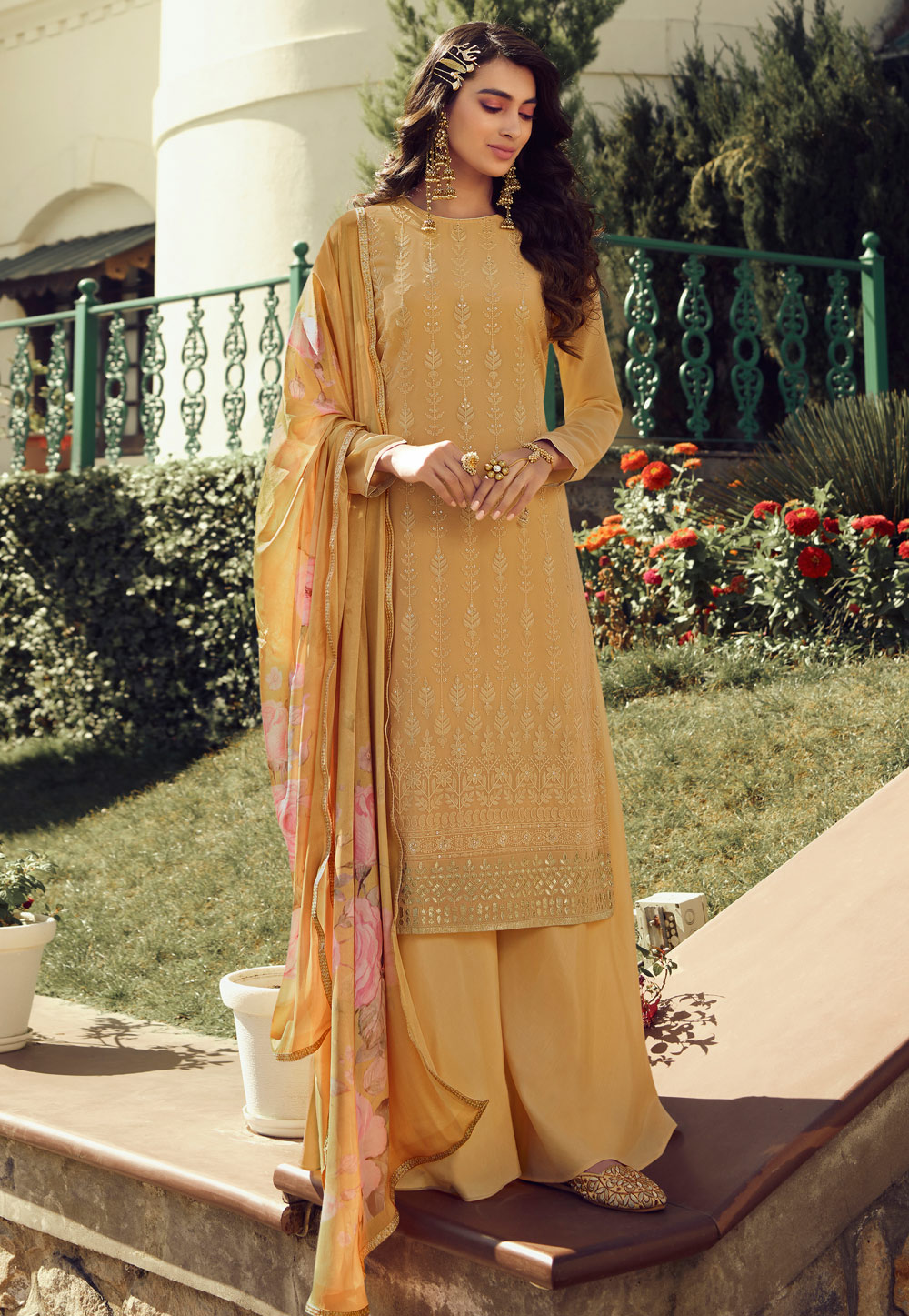 Yellow Georgette Palazzo Suit 222388