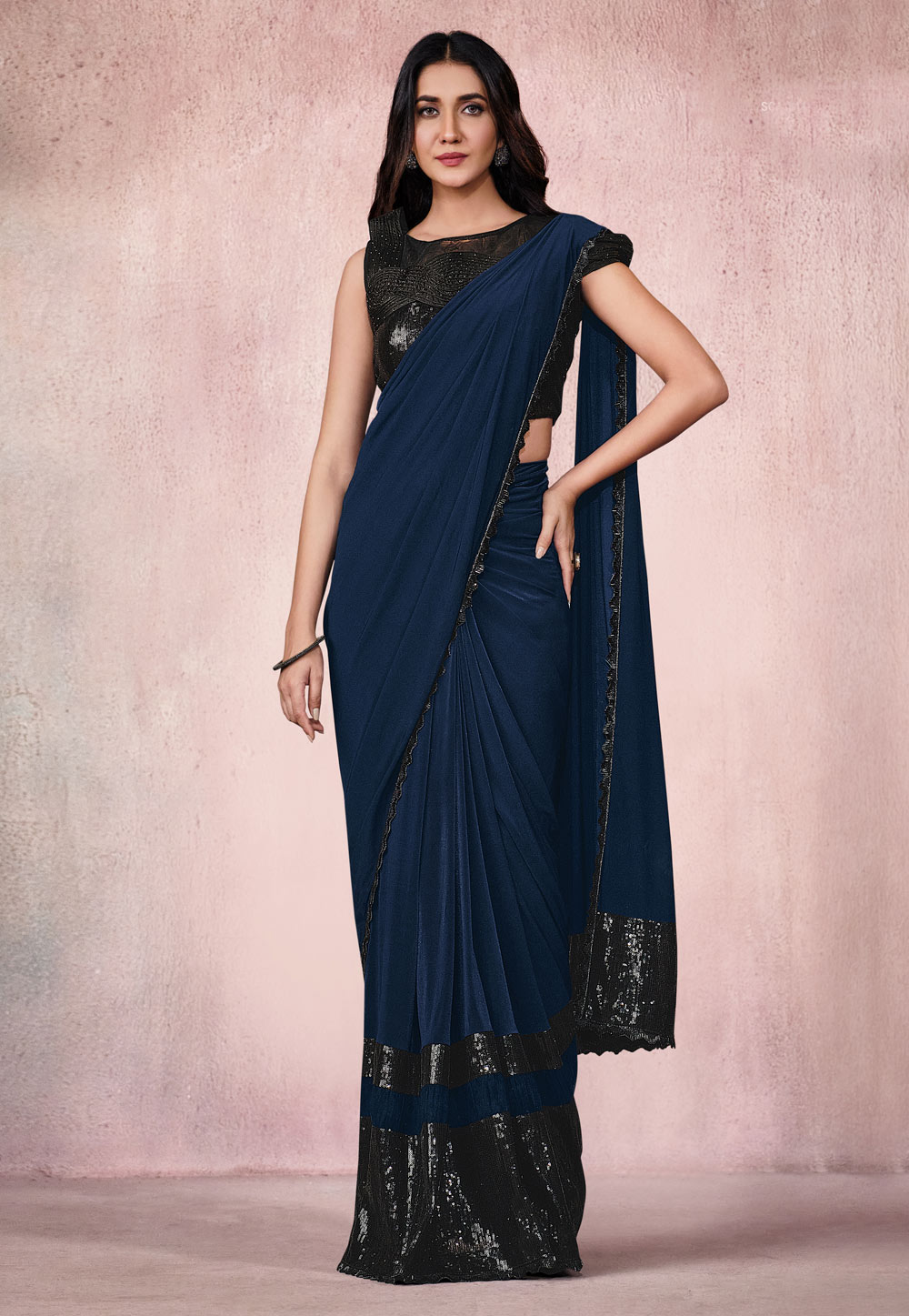 Navy Blue Lycra Saree With Blouse 239577