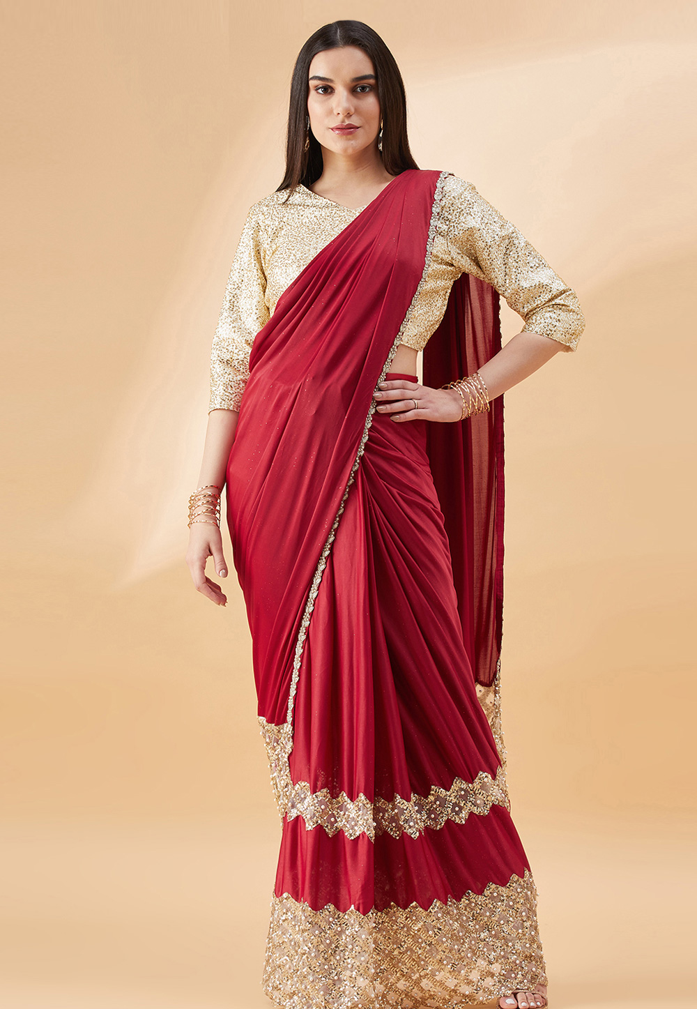 Red Lycra Saree With Blouse 277317