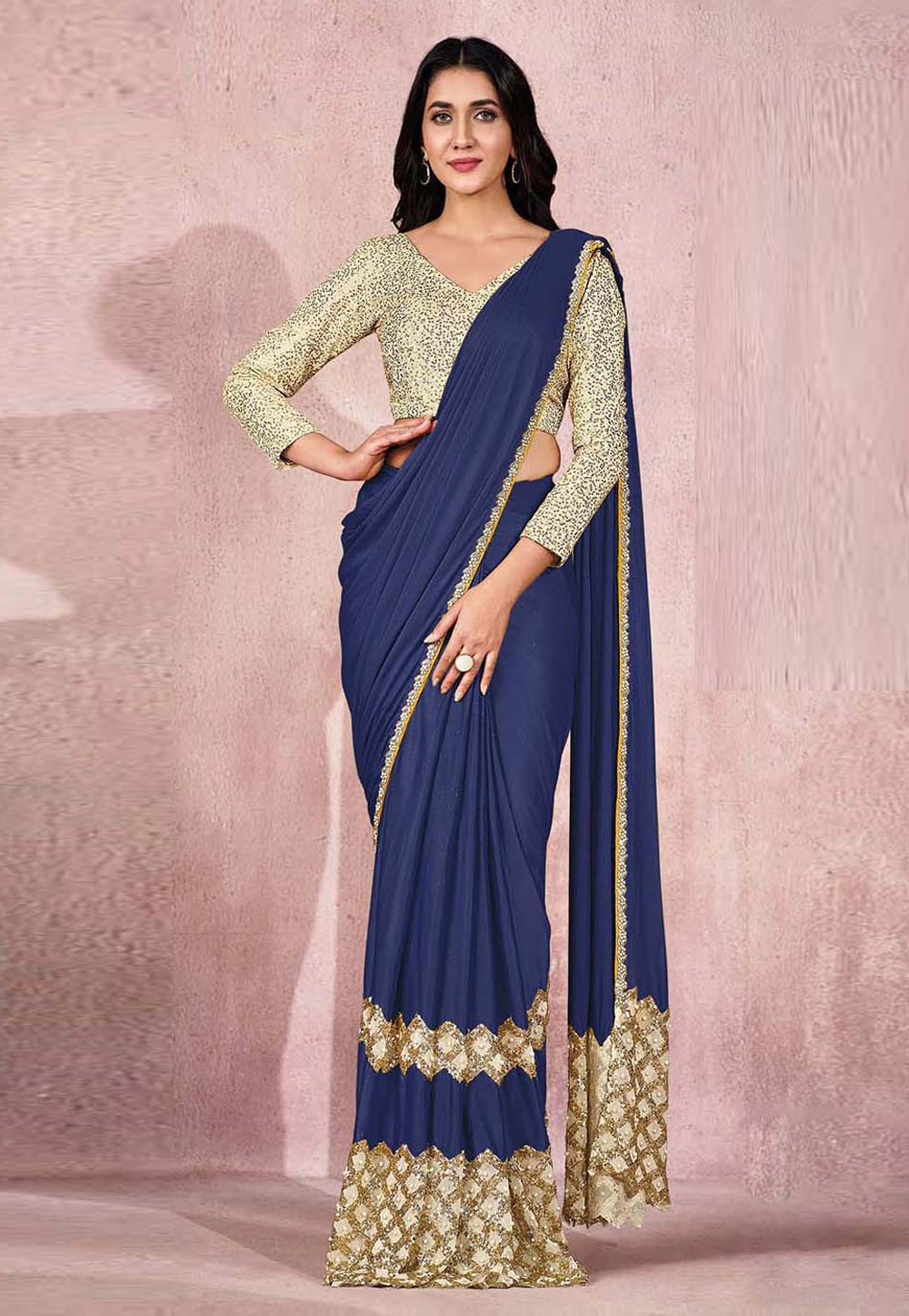 Blue Lycra Saree With Blouse 275089