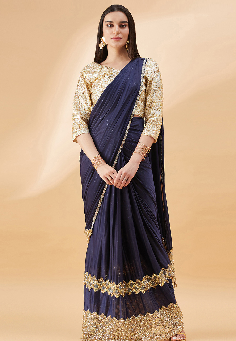 Navy blue lycra saree with blouse 41303