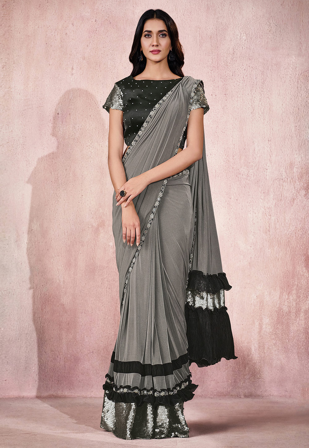 Grey Lycra Saree With Blouse 275091