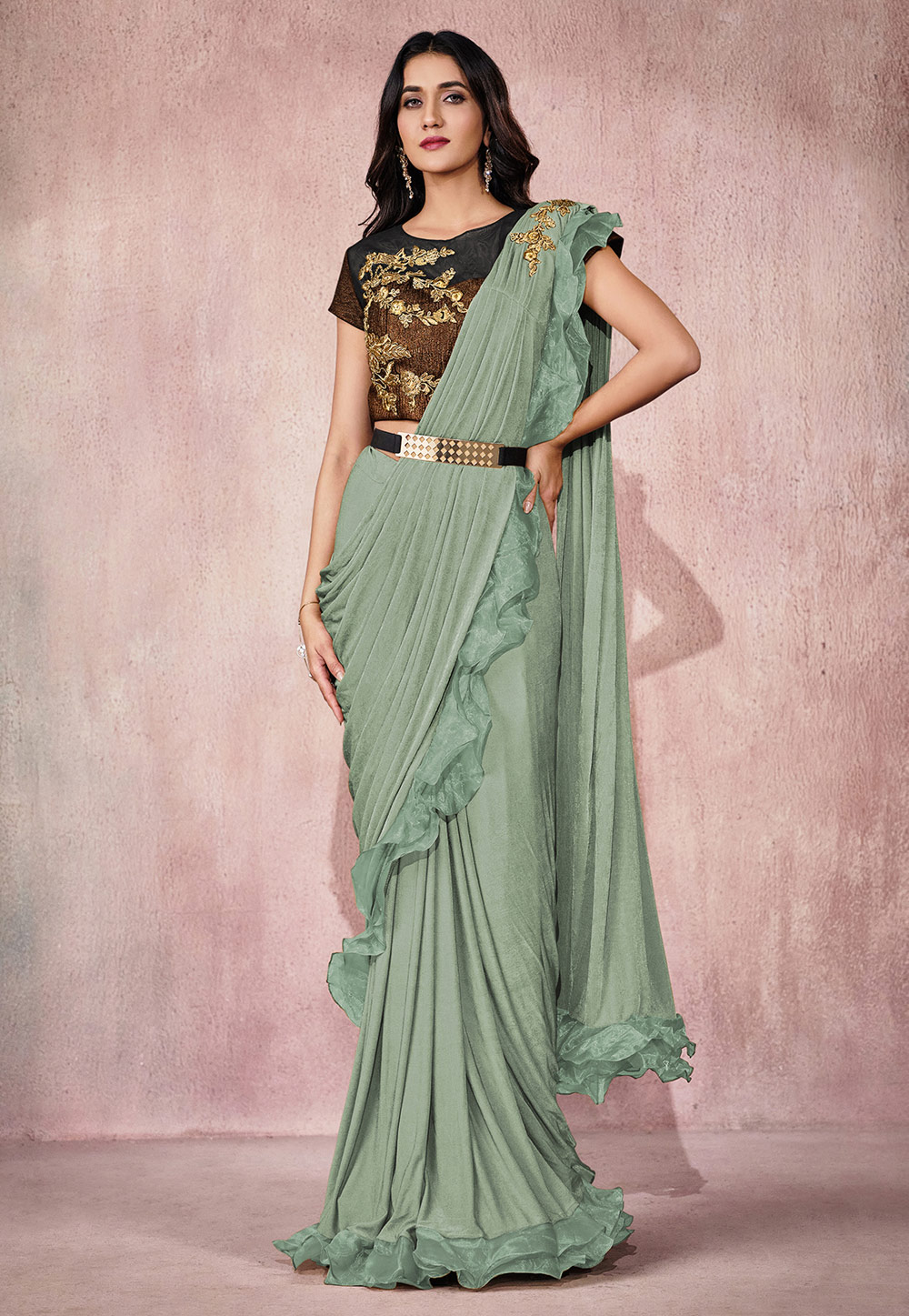 Sea Green Lycra Ruffle Border Saree With Blouse 275094
