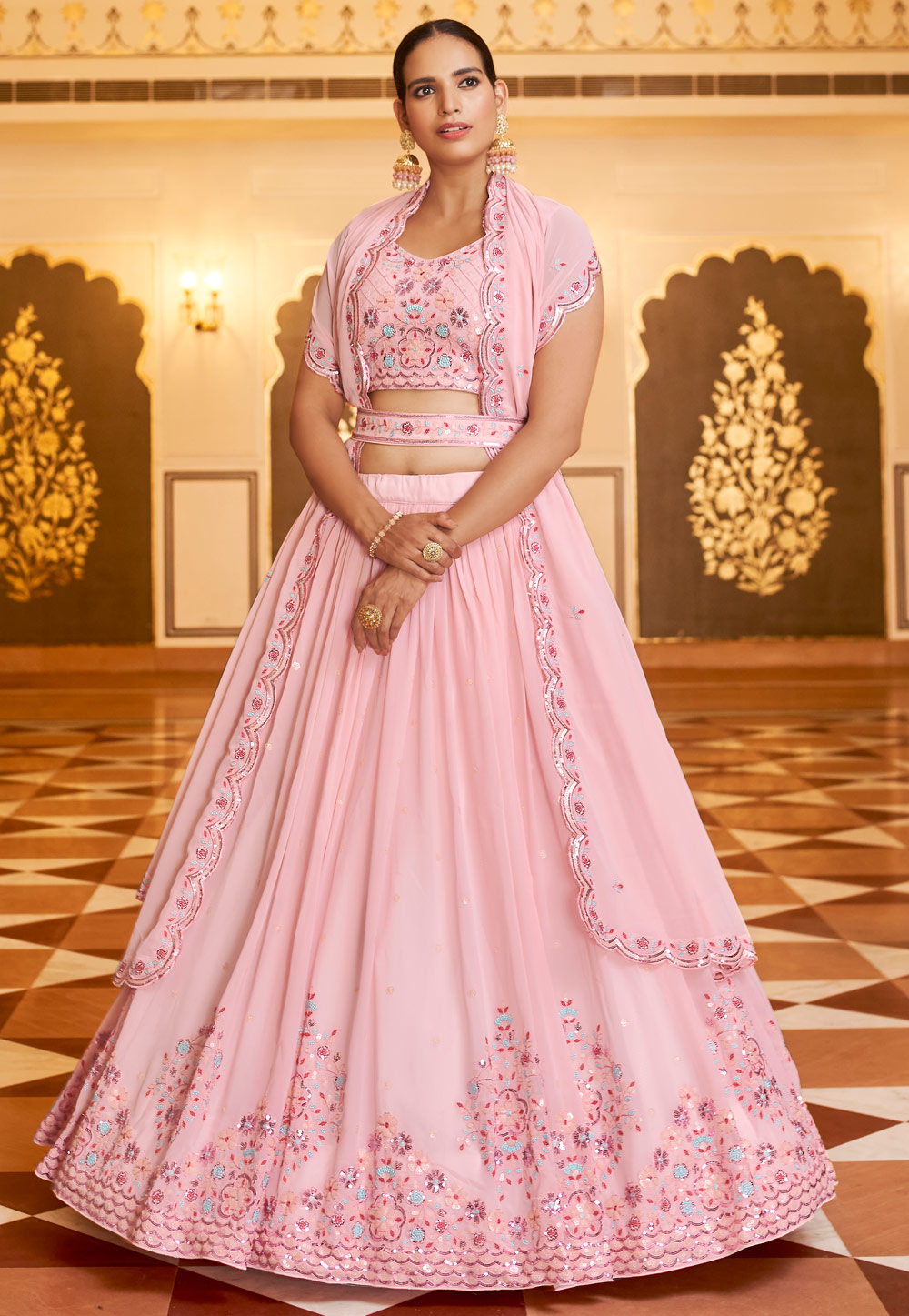 Buy FUSIONIC Pink Color Kalidar Lehenga Choli With Contrast Dupatta For  Women at Amazon.in