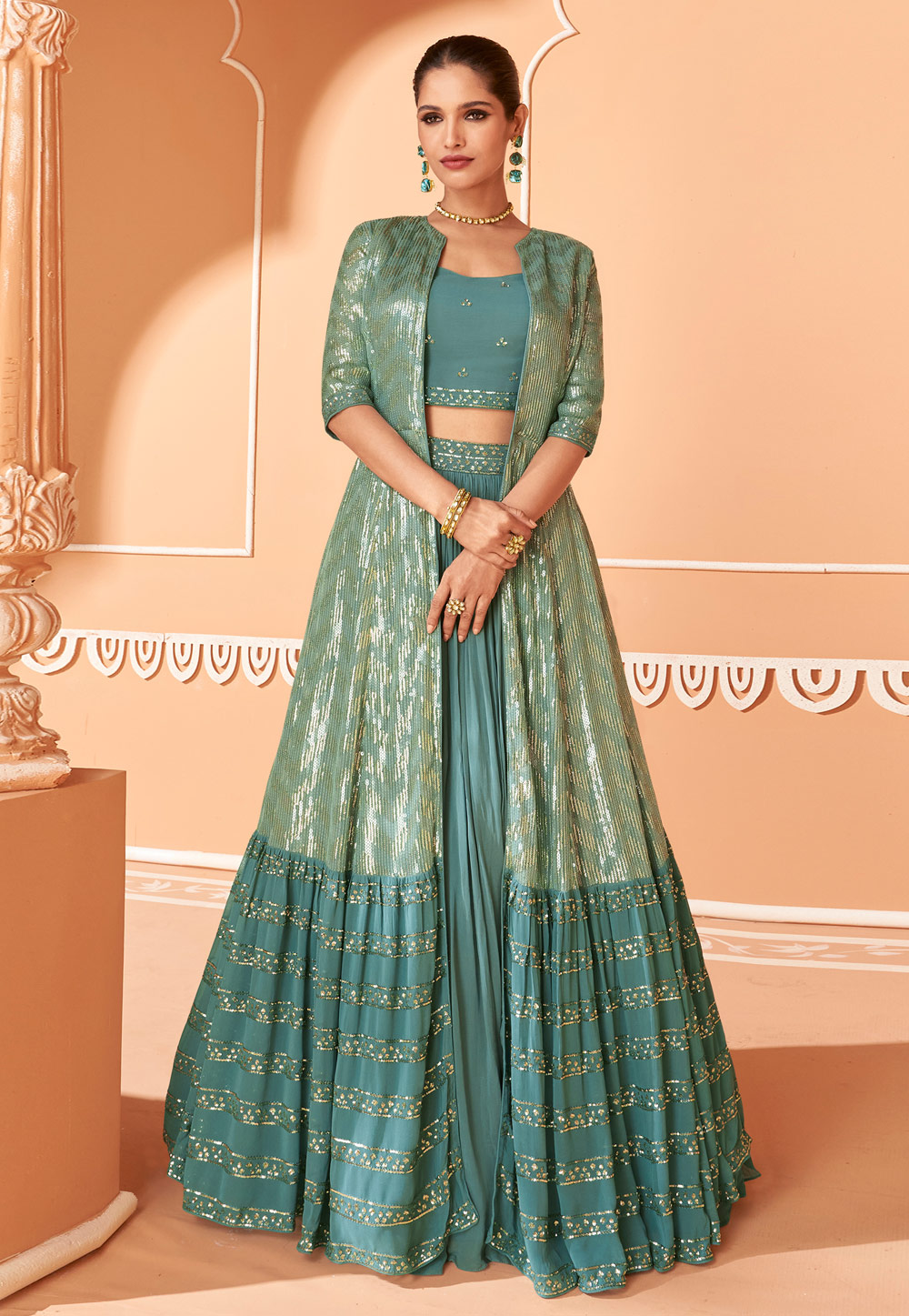 Sea Green Chinon Jacket Style Lehenga 271737