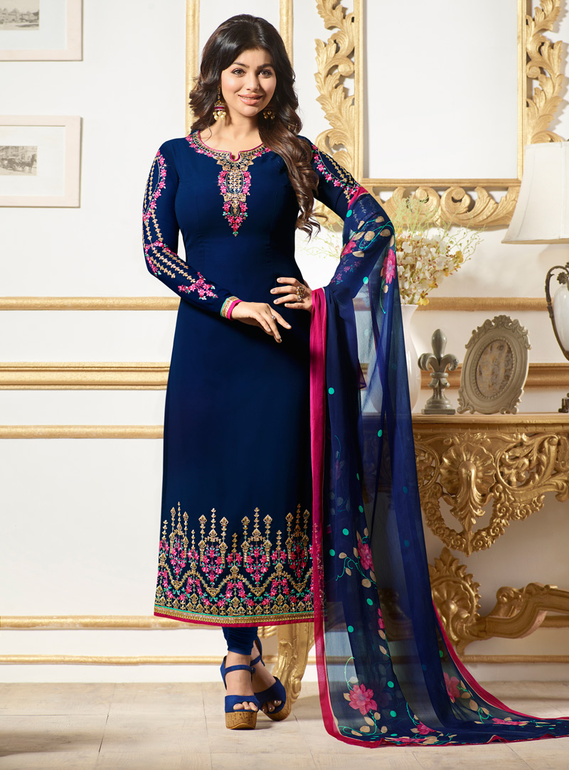 Ayesha Takia Royal Blue Faux Georgette Churidar Salwar Suit 117736