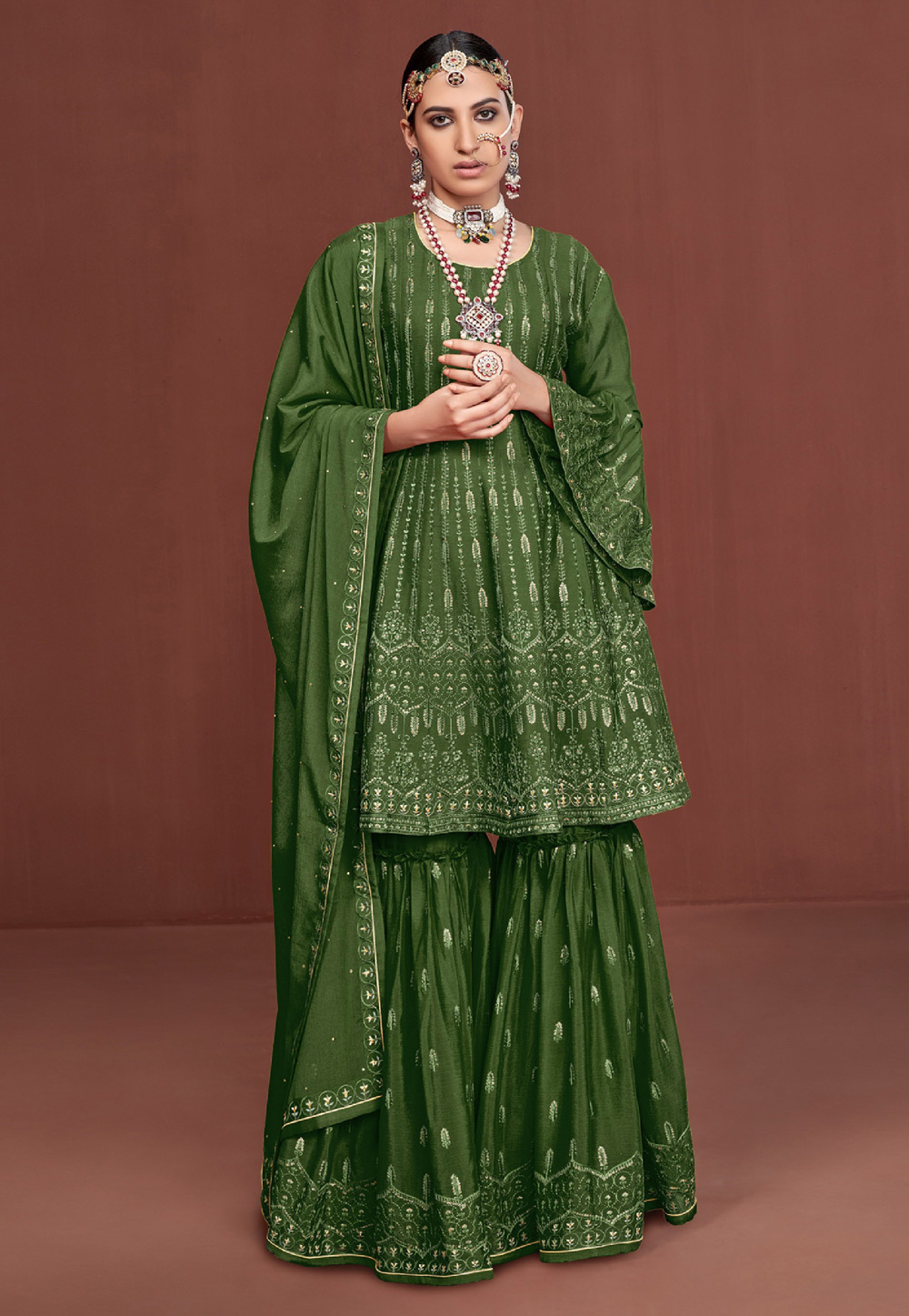 Green Chinon Silk Sharara Suit 242077