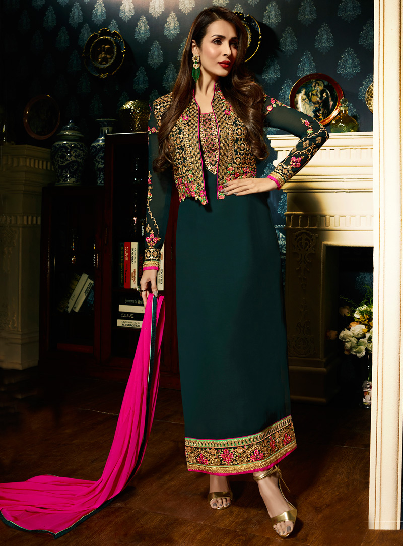 Malaika Arora Green Faux Georgette Jacket Style Salwar Suit 121230